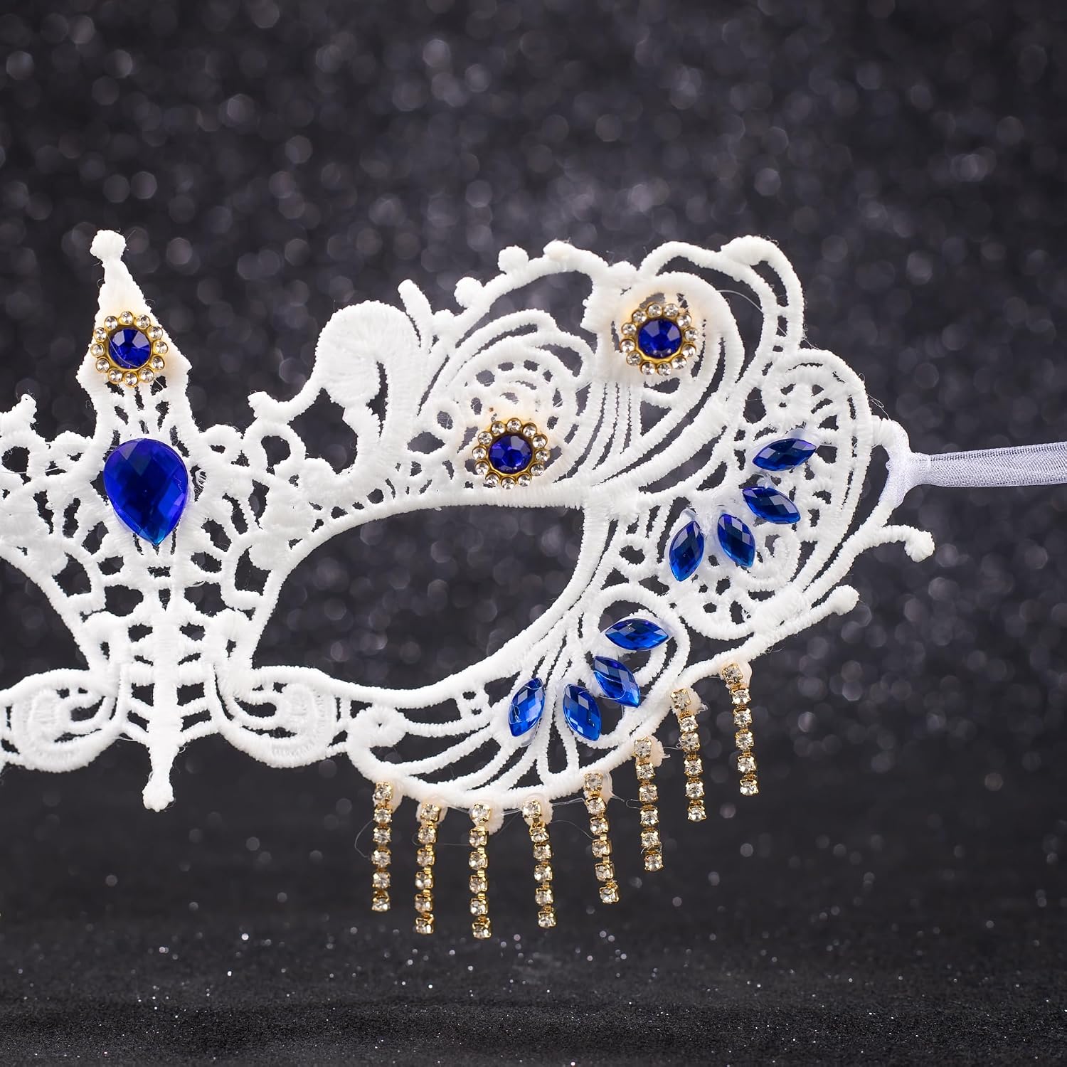 Ursumy White Masquerade Mask for Women Lace Party Mask Tassels Eye Mask for Crystal Costume