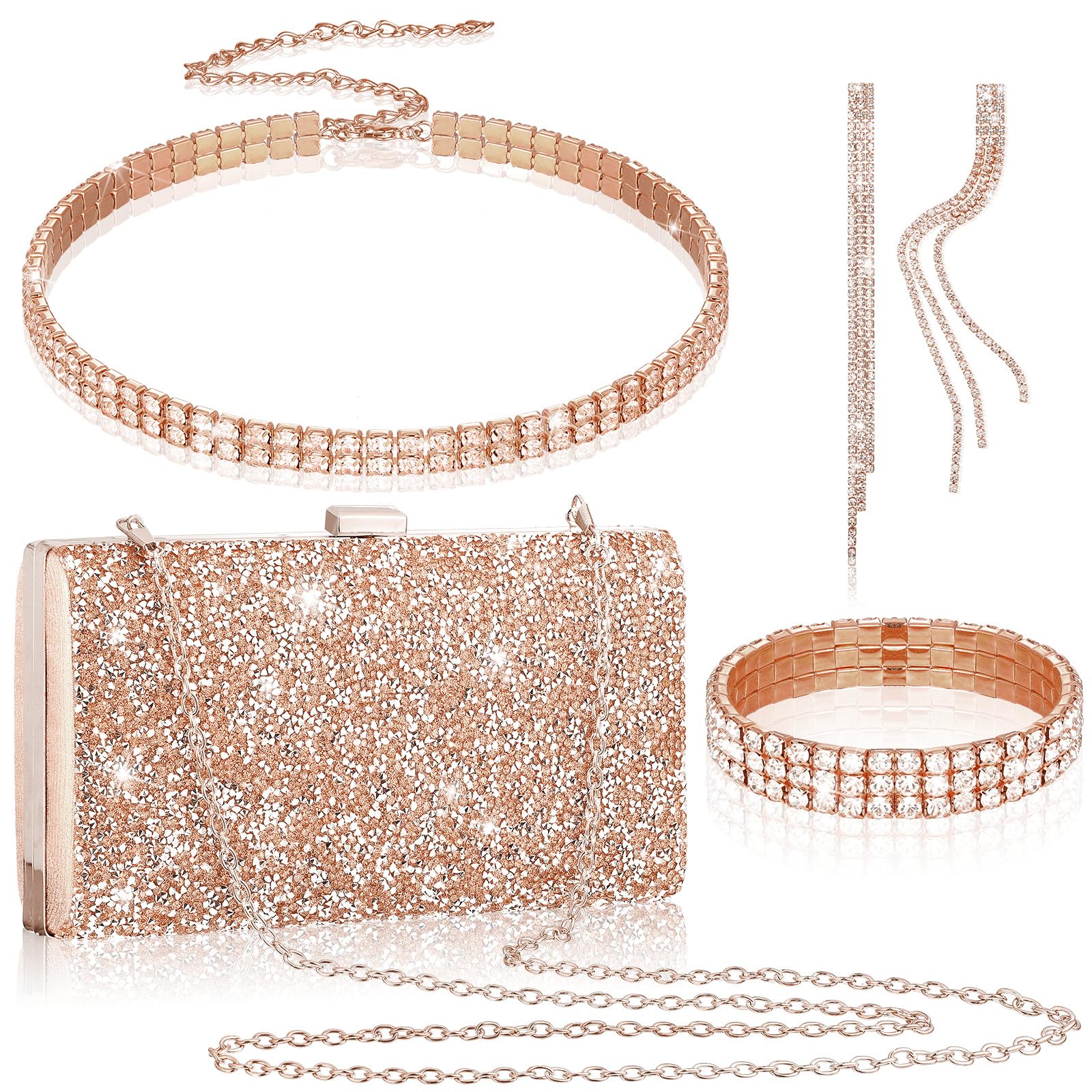 4 Pieces Women Rhinestone Evening Clutch Bag Bling Earring Necklace Bracelet for Wedding Formal