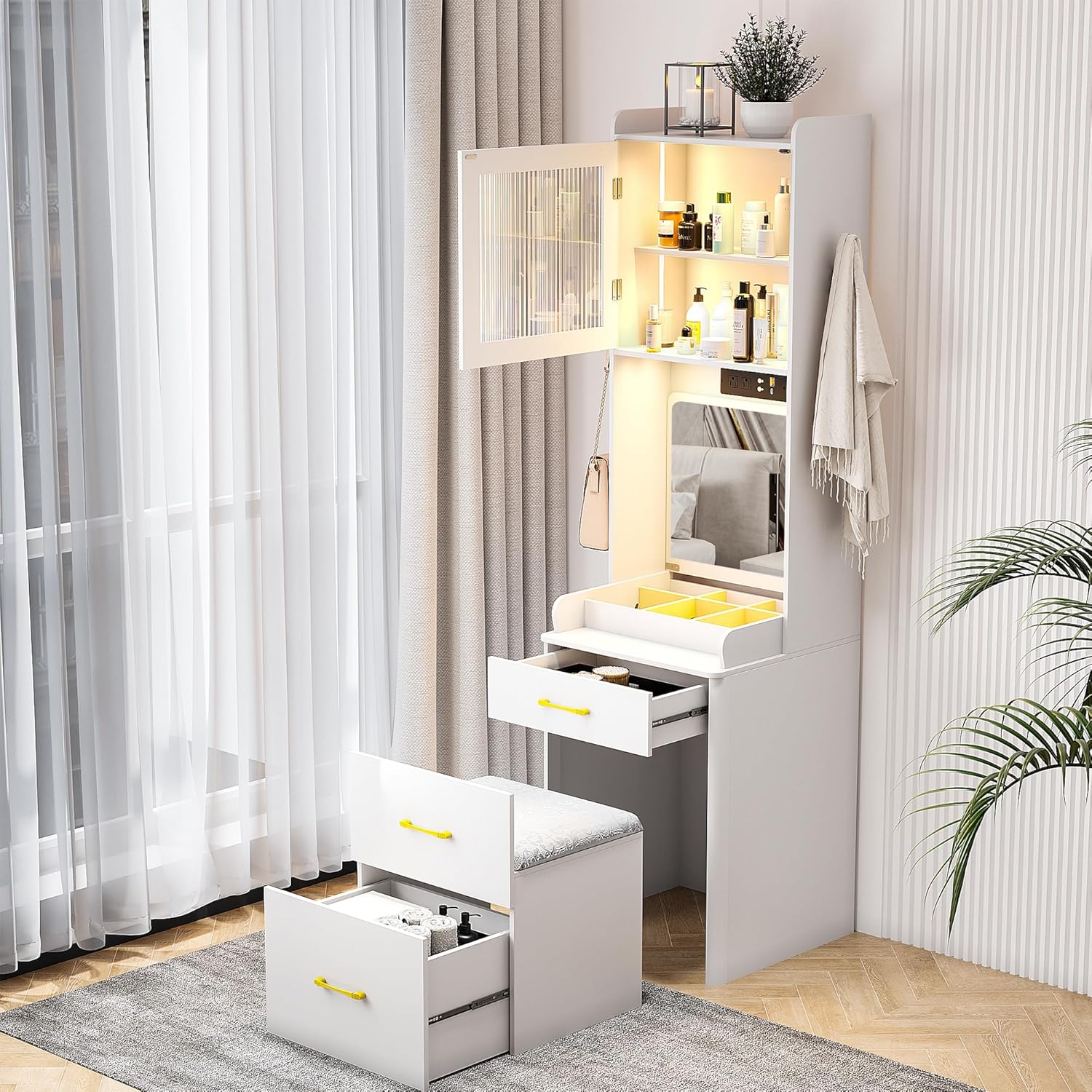 MDGC 3 in 1 Vanity Desk with Mirror and Lights,Tall Makeup