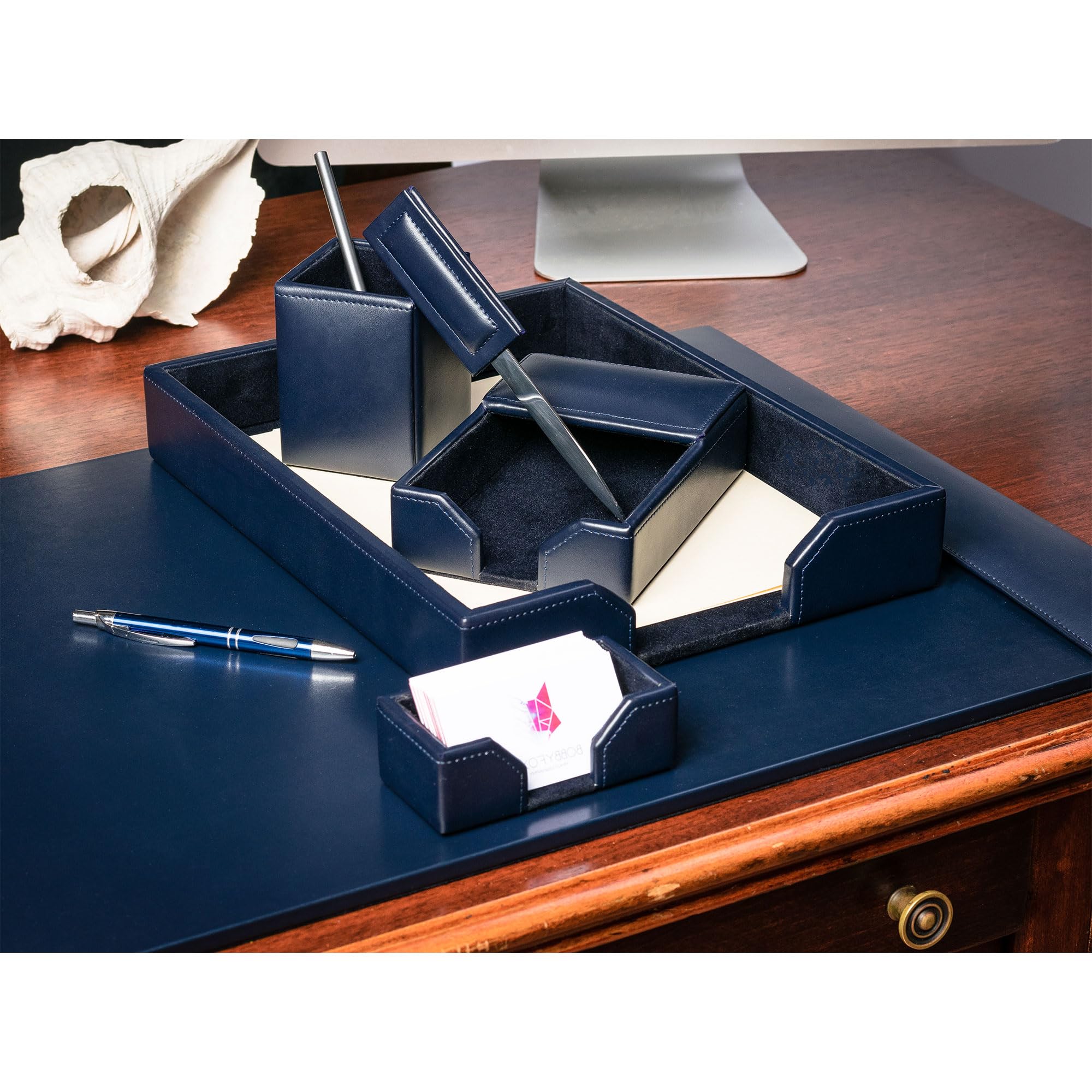 Dacasso Bonded Set di lussuosi sottomano da scrivania e scrivania essenziali per l'organizzazione della scrivania, 7 pezzi, blu navy