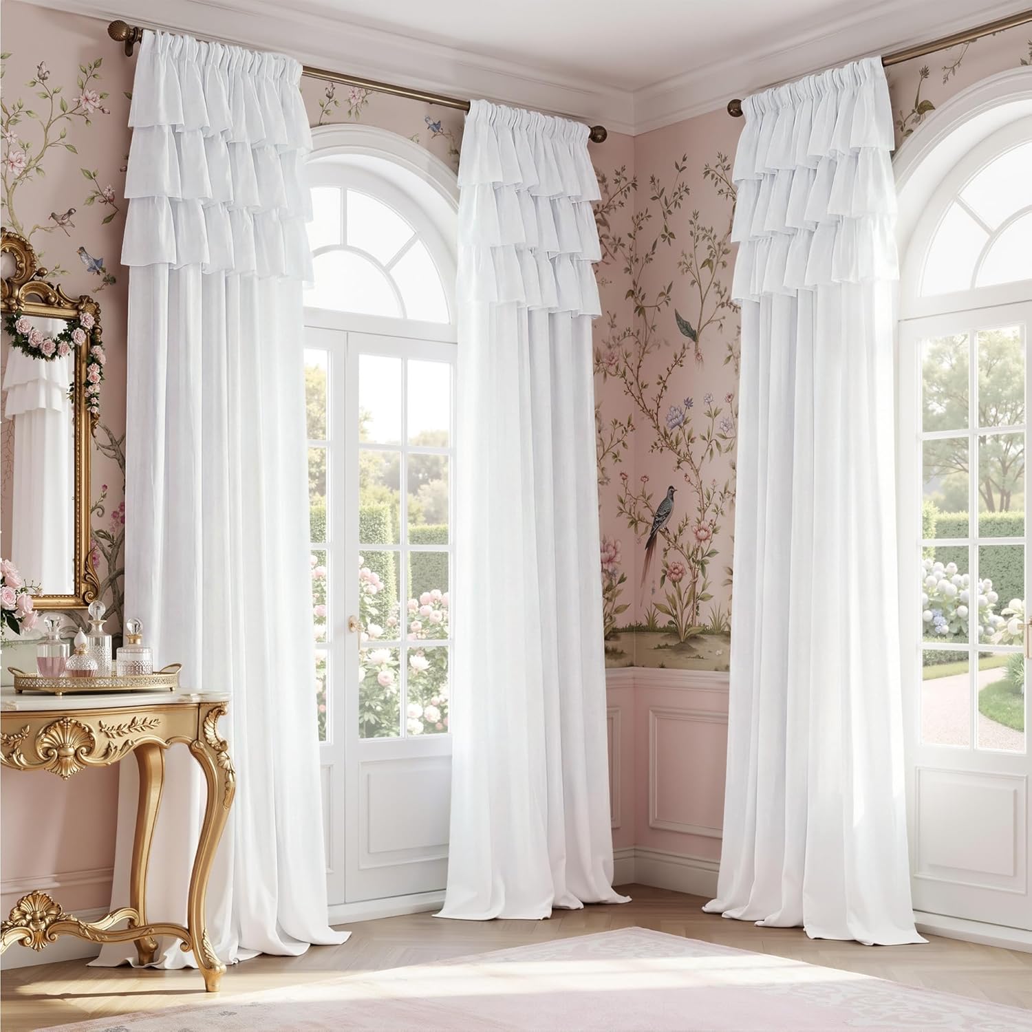 NICETOWN White Curtains with Ruffle Shabby Chic Valance for Farmhouse, Rod Pocket Flowy Luxury Romantic Drapes Privacy with Gentle Light Penetration for Bedroom, W52 x L95, 2 Panels