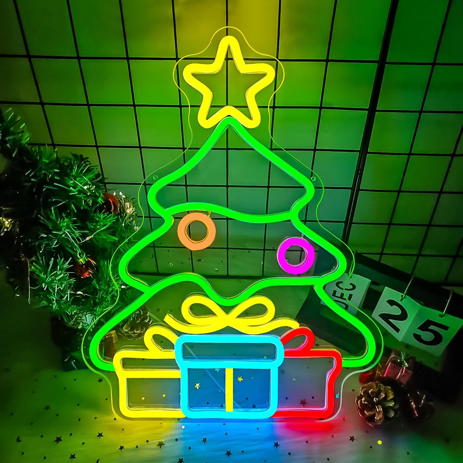 Christmas Tree Neon Sign Gift Box Xmas Neon Light Neon Christmas Decorations Dimmable Led Neon Light Up Sign for Wall Decor Party Kids Gift Winter Home - Image 2