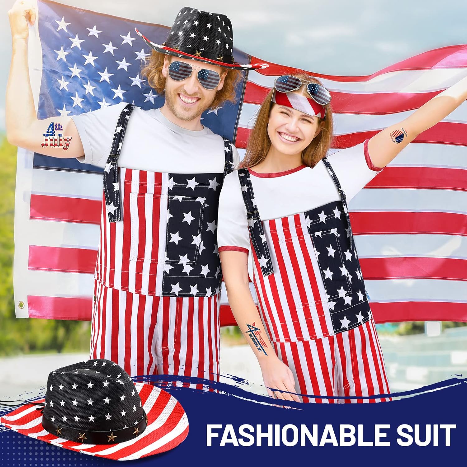 Mepase 15 Pcs American Flag Overalls for Men Women 250 Anniversary 4th of July Overalls Cowboy Hat Sunglasses Sock Stickers