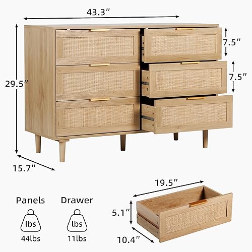 Miniatura 2 de Cómoda moderna de ratán con 6 cajones, cómoda de almacenamiento de madera, cómoda para dormitorio, sala de estar, pasillo (natural) Natural,Negro