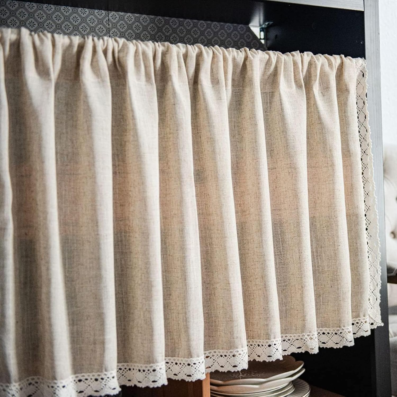 ABREEZE Beige Lace Kitchen Valances for Windows,Cotton Linen Farmhouse Curtains 1 Panel Modern Valance Window Treatments for Living Room Pocket Drape 59 Inch Wide by 24 Inch Long