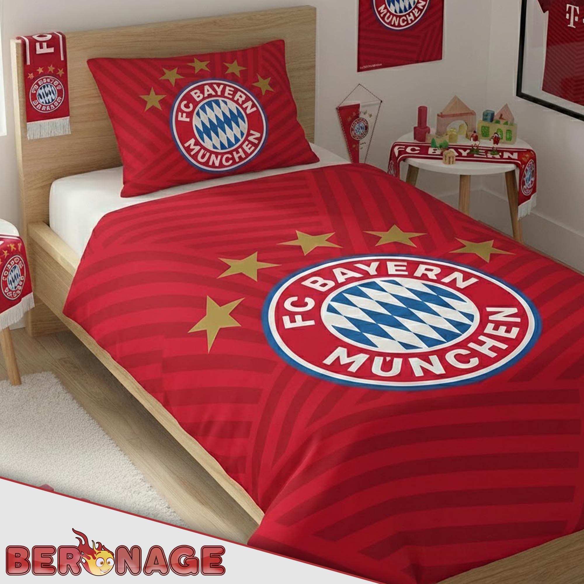 FC Bayern München Bettwäsche 5 Sterne Rot 135x200 cm + 80x80 cm 100% Baumwolle Renforcé/Linon Rekordmeister Mia san Mia Allianz Arena Fußball Fanartikel Reißverschluss Geschenkidee Kane Musiala Olise