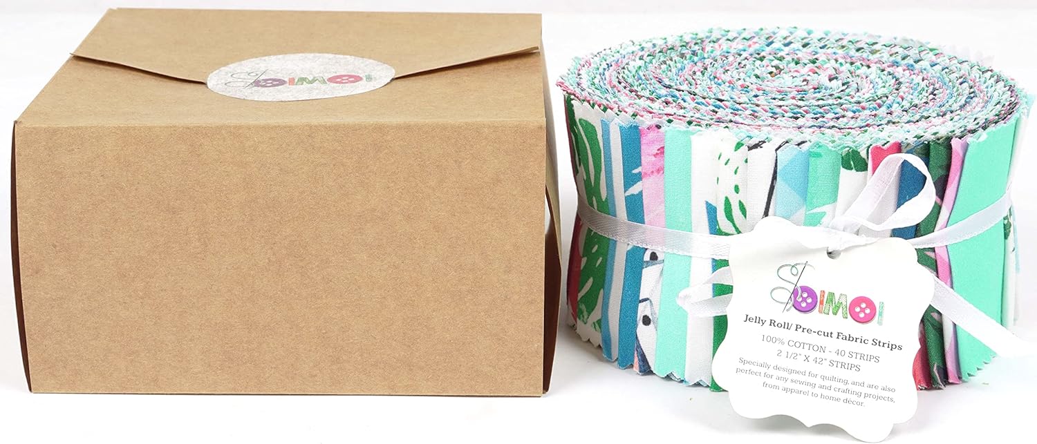 Soimoi 40Pcs Tropical Theme Flamingo Print Cotton Precut Fabrics for Quilting Craft Strips 2.5x42inches Jelly Roll - Pink, Blue & Green