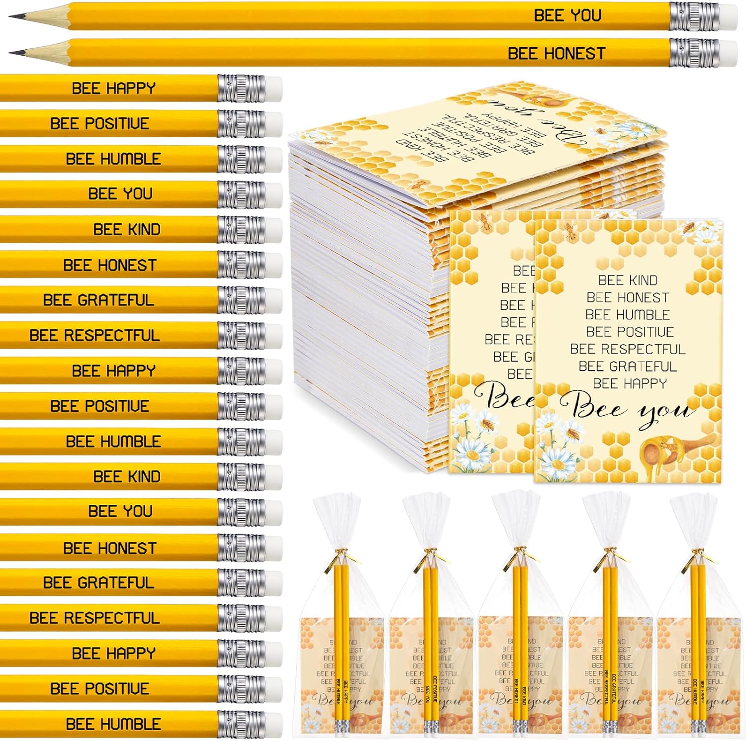 Spakon Bee Themed Gifts Sets Supplies 24 Bee Notebook Notepad Journal 48 Bee Pencils Small Mini Notebooks Bee Party Favors with 50 Clear Plastic Bags 100 Twist Ties