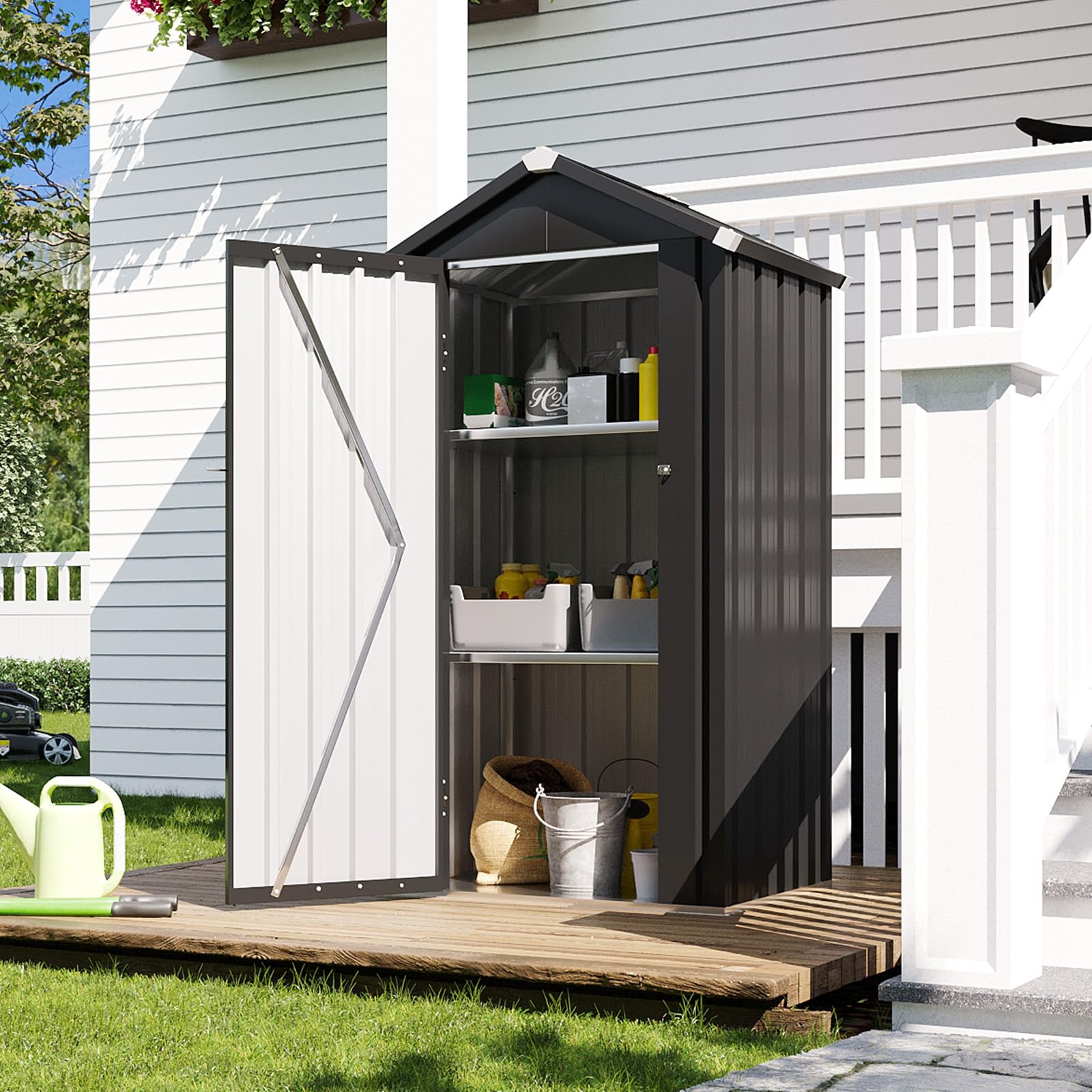 Aoxun Gartenschuppen Metall 88x69x160cm mit Boden & 2 verstellbaren Einlegeböden & geneigtem Dach, kompakter gartenschrank wetterfest Metall mit verschließbarer Tür für Balkon Terrasse Garten
