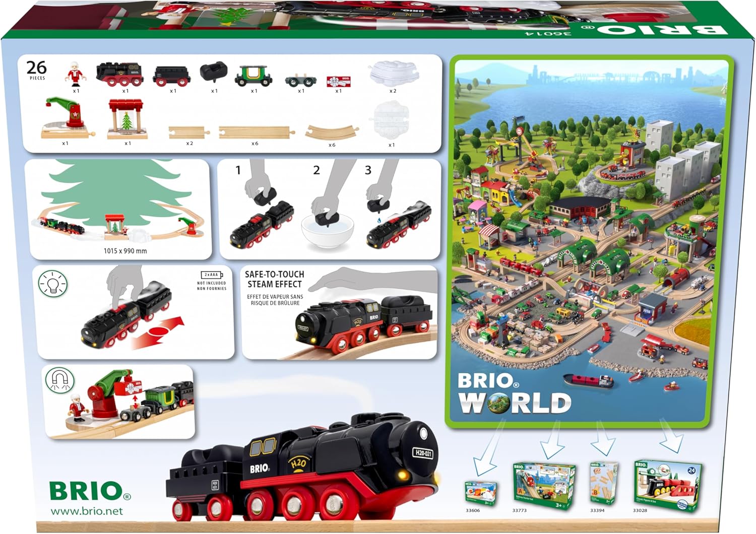 BRIO World - Christmas Steaming Train - Battery-Operated Train - 27-Pc Motorized Steam Engine for Wooden Track with Lights and Kid-Friendly Steam - Interactive Play with Forward/Reverse - for Kids 3+