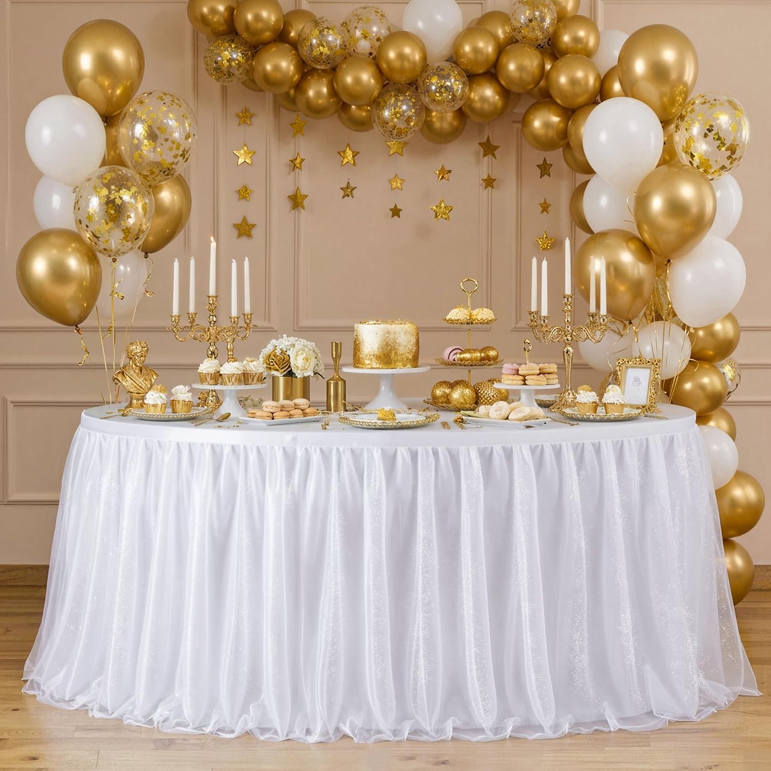 Besutolife 14FT Tulle Table Skirt for Rectangle Tables White 3-Layer Tutu Desk Skirts Ruffled Shimmer Table Skirting for Birthday Wedding Parties Gender Reveal Baby Shower Cake Dessert Table Decor