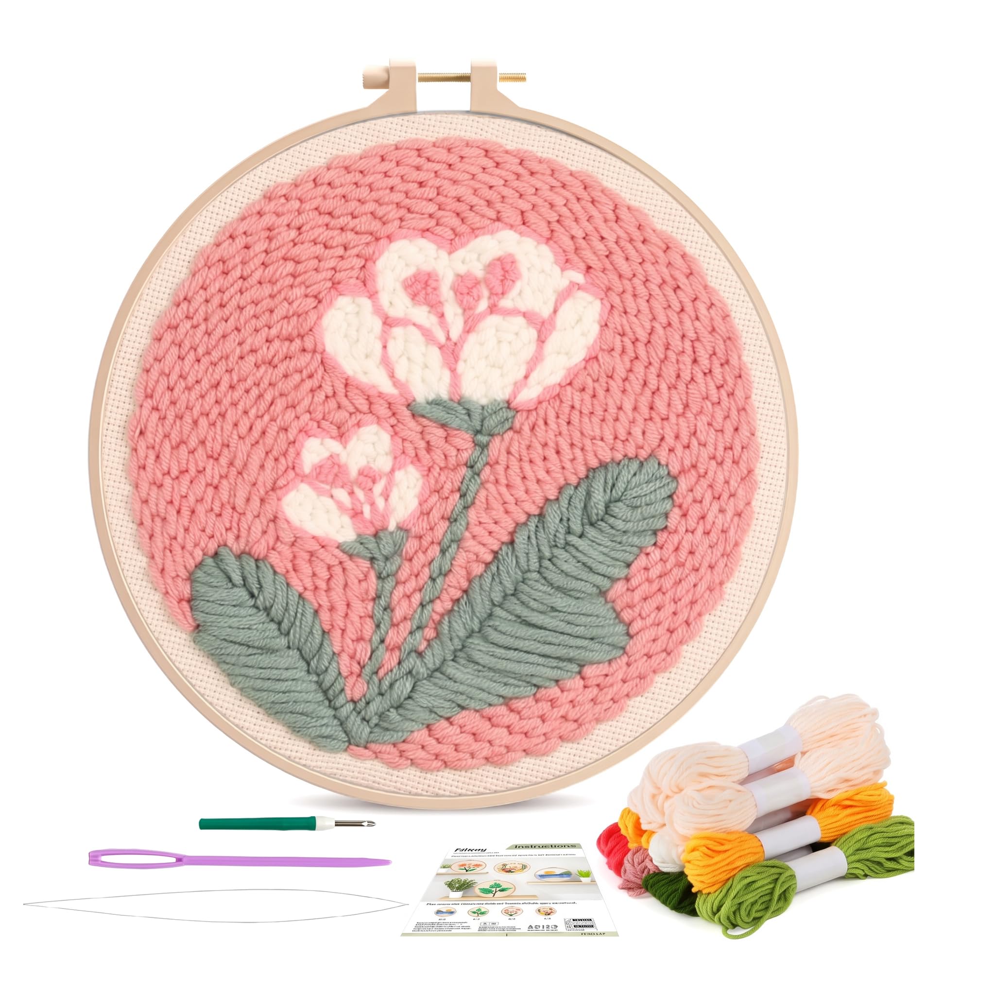 YDAKGUEY Punch Needle Kits, Punch Needle with Instruction Threader Fabric Yarns and Hoop, Embroidery Kits with Vintage Tulip Design for Adults Beginners