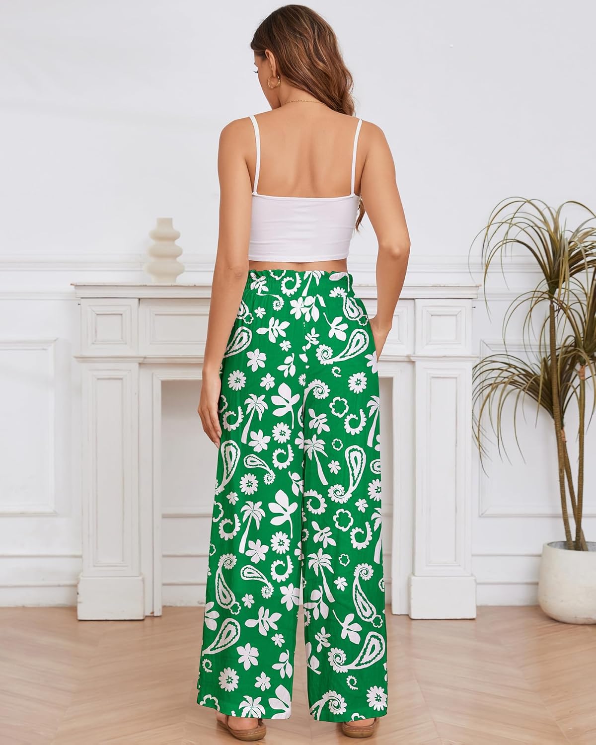 Bsubseach 2025 Wide Leg Pants Women Casual Palazzo Dressy Flowy Beach Summer Vacation Outfits Boho Pant with Pockets (Green Paisley, M) - Image 4