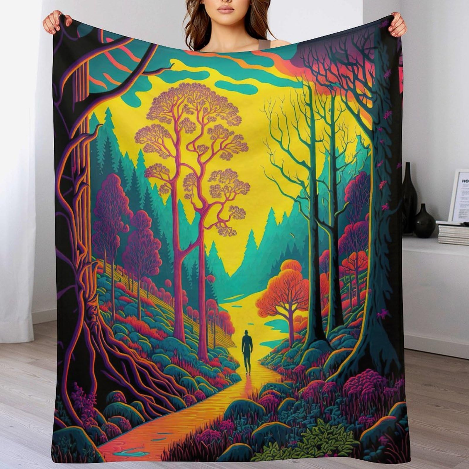 Plaid flanelle paysage néon pour réchauffer vos soirées cocooning sur le canapé