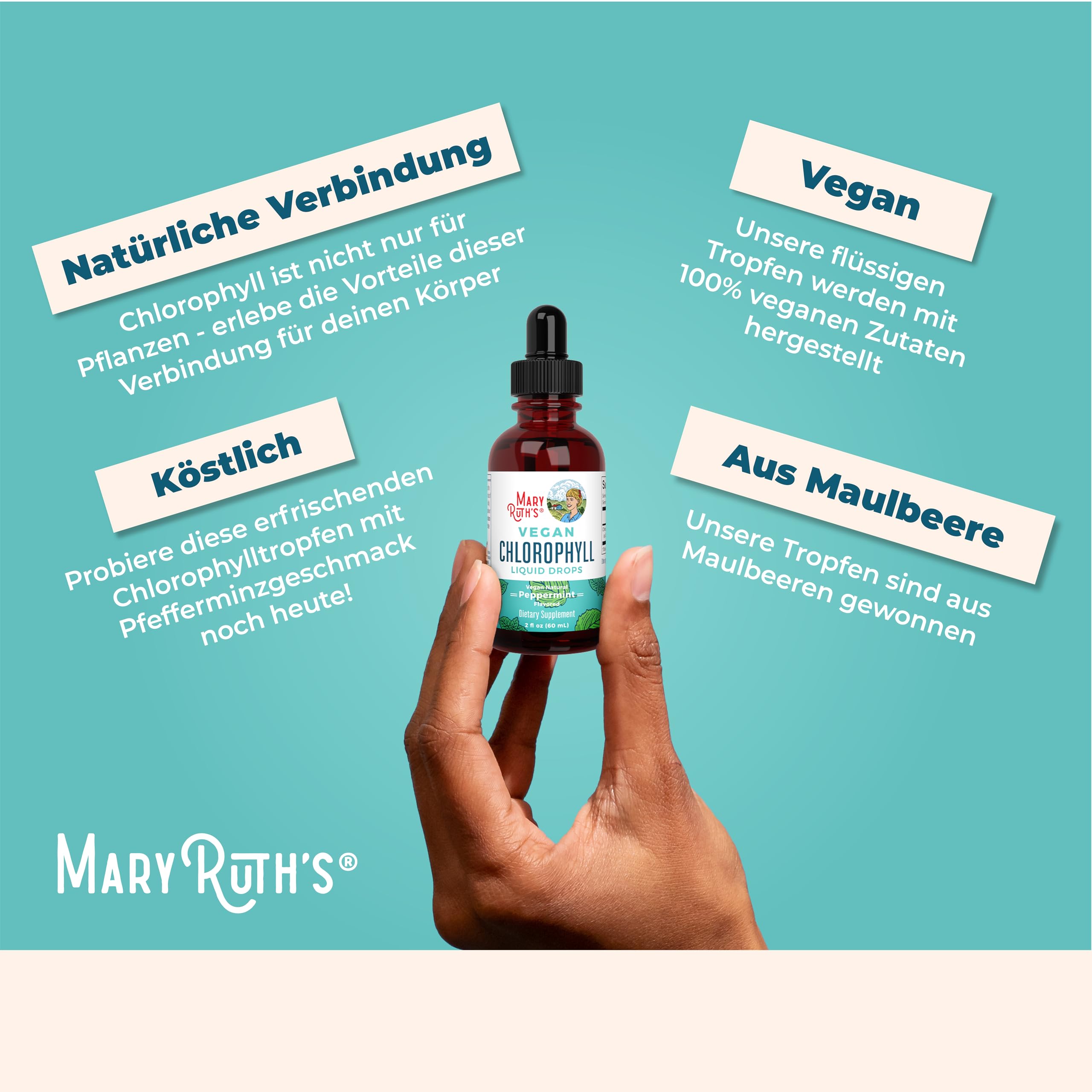 MaryRuth's, Chlorophyll Drops, 60ml, 50mg Chlorophyll je Dosis, Pfefferminzgeschmack, Vegan, Glutenfrei, Sojafrei, GMO frei