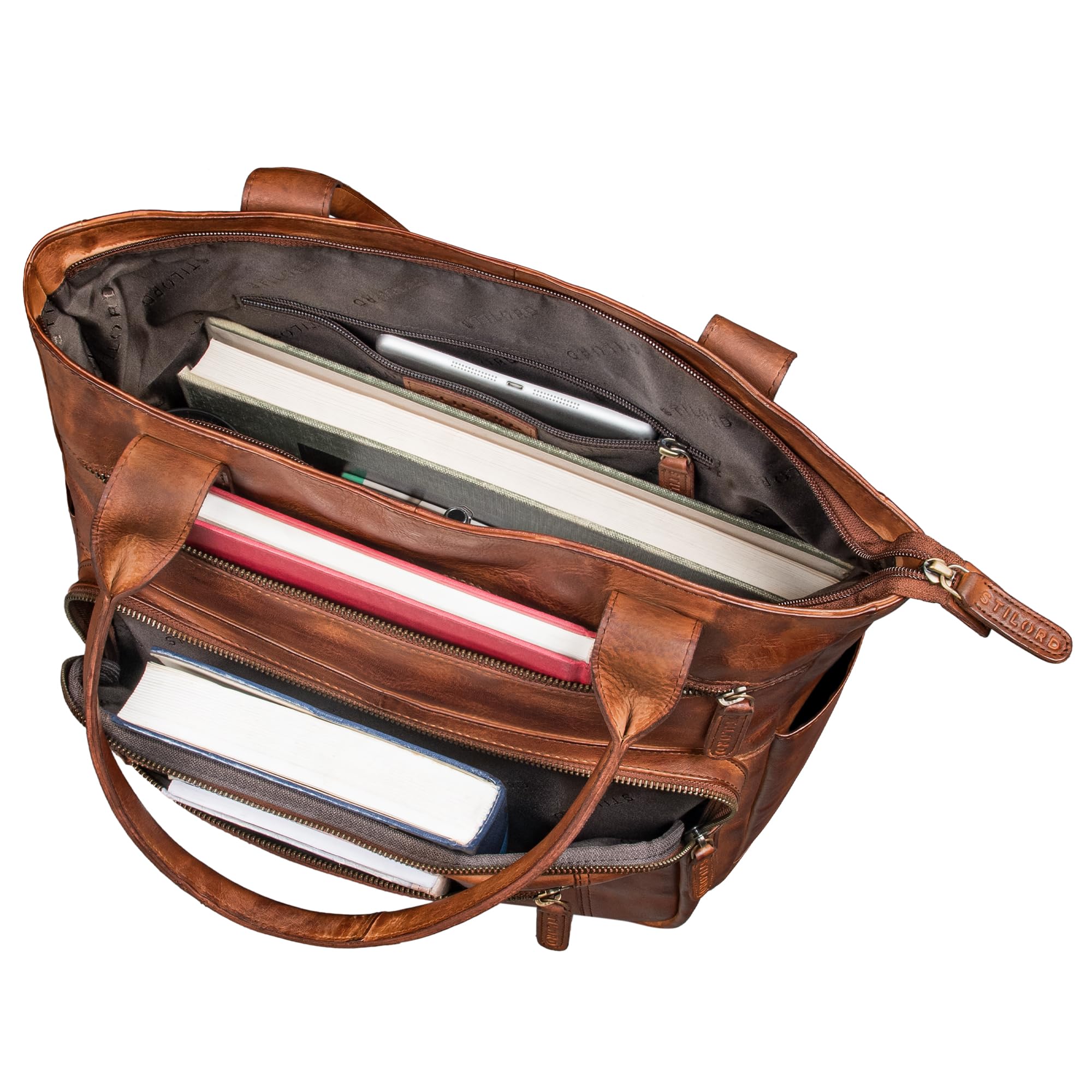 STILORD Bonnie Große Handtasche Damen Leder-Shopper mit vielen Fächern Laptop bis 15,6 Zoll Stylishe Umhängetasche für City Uni Büro Tote Bag Henkeltasche Echtleder Farbe:Brandy - Cognac