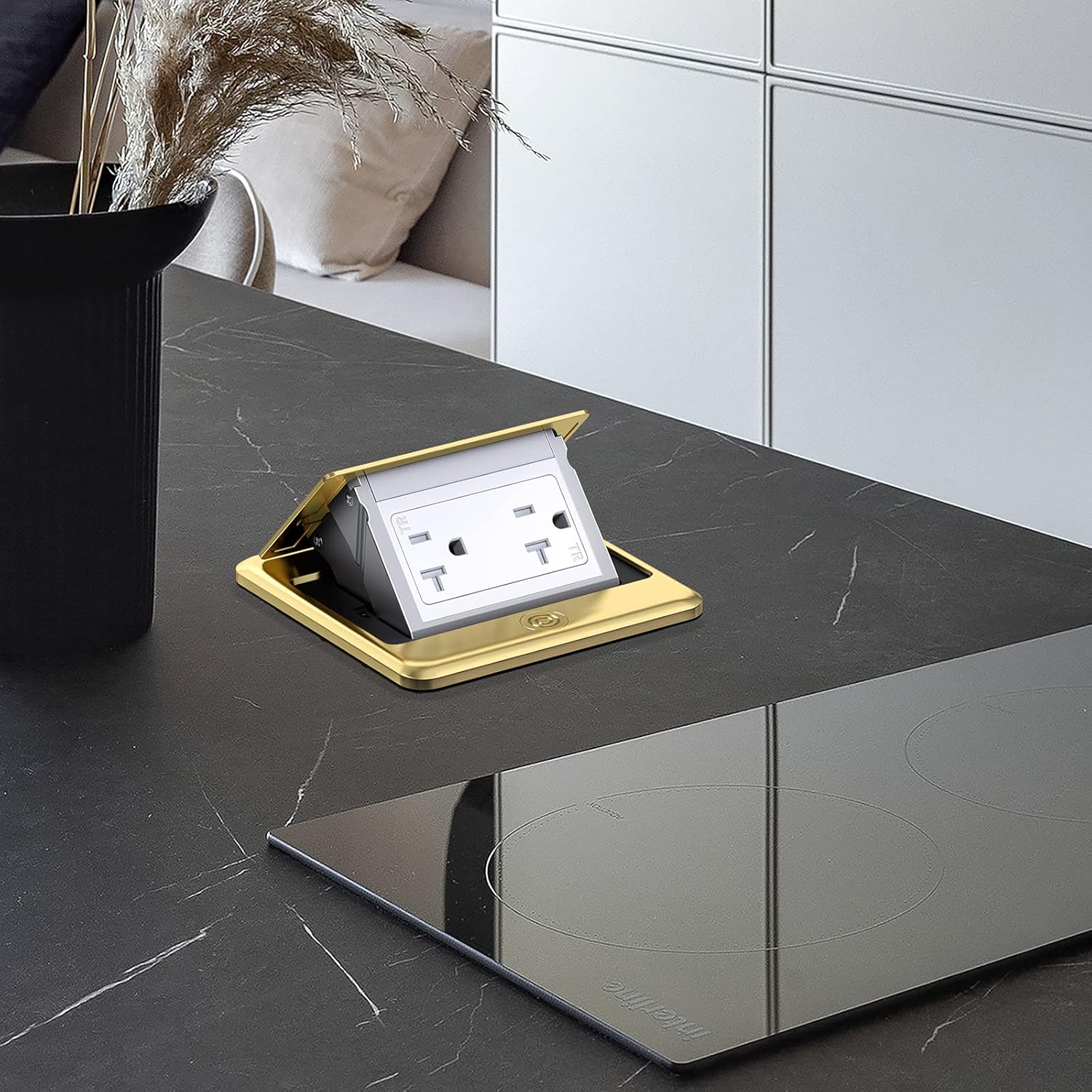 KYHSHJ Pop Up Floor Electrical Outlet Box Kit，20 Amp Stainless Steel TR Tamper-Resistant Duplex Receptacle Outlet，Corrosive Resistant Hardware，ETL Listed, Brass