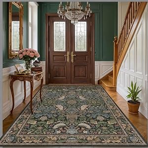 Hazo Haus Vintage Short Pile Area Rug Floral Pattern for Living Room Bedroom Dining Room Office Non Slip Stain Resistant Dark Green