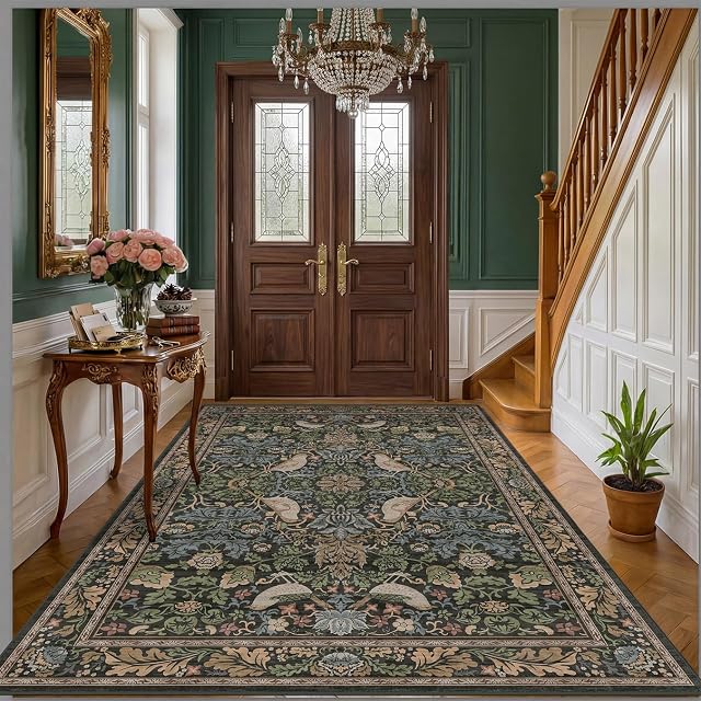 Hazo Haus Vintage Short Pile Area Rug Floral Pattern for Living Room Bedroom Dining Room Office Non Slip Stain Resistant Dark Green