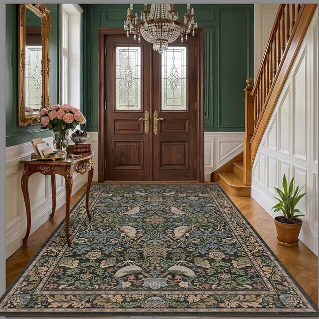 Vintage Floral Area Rug 5x7 for Living Room - Dark Green Forest Bird Rug...