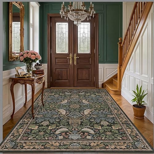 Vintage Floral Area Rug 5x7 for Living Room - Dark Green Forest Bird Rugs for Bedroom, Dinning Room, Office, Non Slip Stain Resistant Low Pile