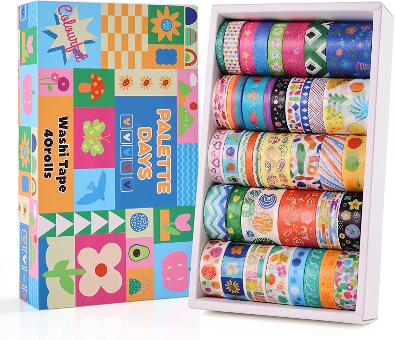 emmoolife 40 Rolls Washi Tape Set, Vibrant Color Palette-Themed Cute Decorative Tapes for Scrapbooking, Bullet Journaling, Junk Journal Supplies, DIY Planner Art, 5-30mm Wide