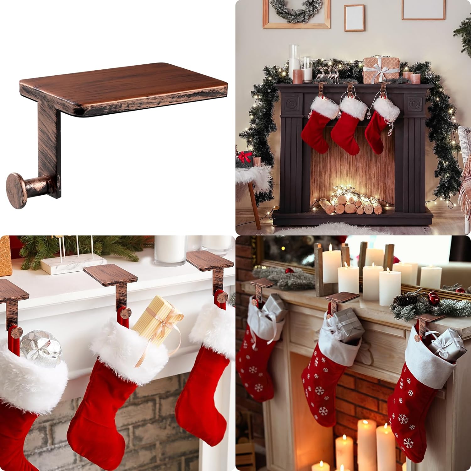 Christmas Stocking Holders for Mantle Set 6, Stocking Hangers for Mantel with Upgrade Size&Weight, Rectangular Holder Stocking Hooks for Mantle Weighted (Bronze)
