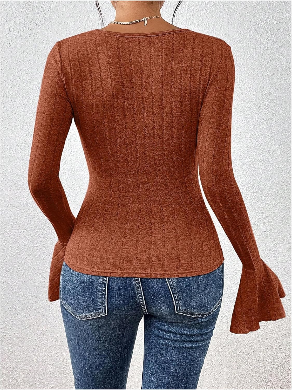 Women's Bell Long Sleeve Fitted Tops Fall Dressy Casual Square Neck Ribbed Knit T Shirts - Image 2