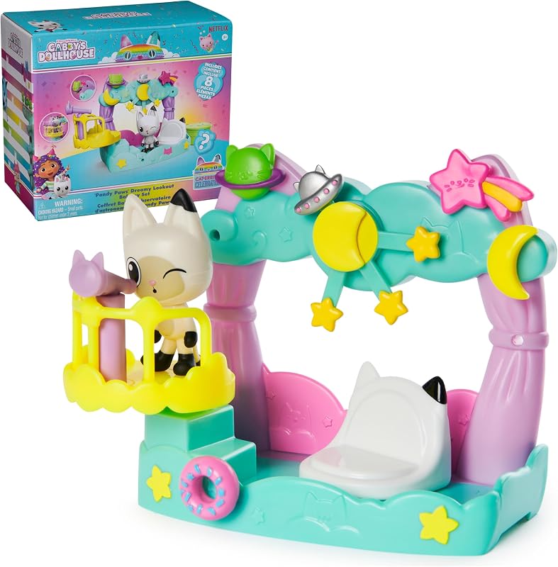 Gabby's Dollhouse Pandy Paws Dreamy Balcony Playset, 8-Pieces with Toy | Balcony Playset, Pandy Paws Figure, Telescope Accessory, Surprise Toy Charm, Sensory Play, Kids Toys for Girls & Boys Ages 3+