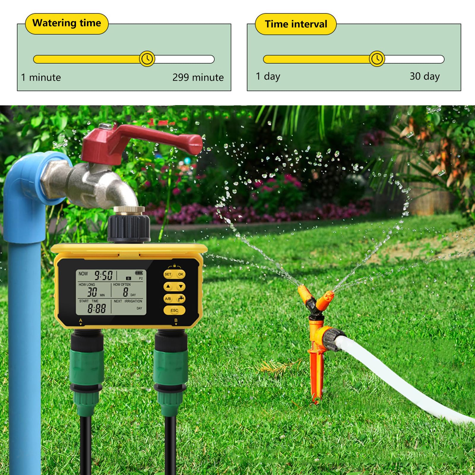 Pratico timer automatico dell'acqua con doppie valvole Timer digitale dell'acqua per irrigazione da giardino e gocciolamenti irrigazione a goccia digitale