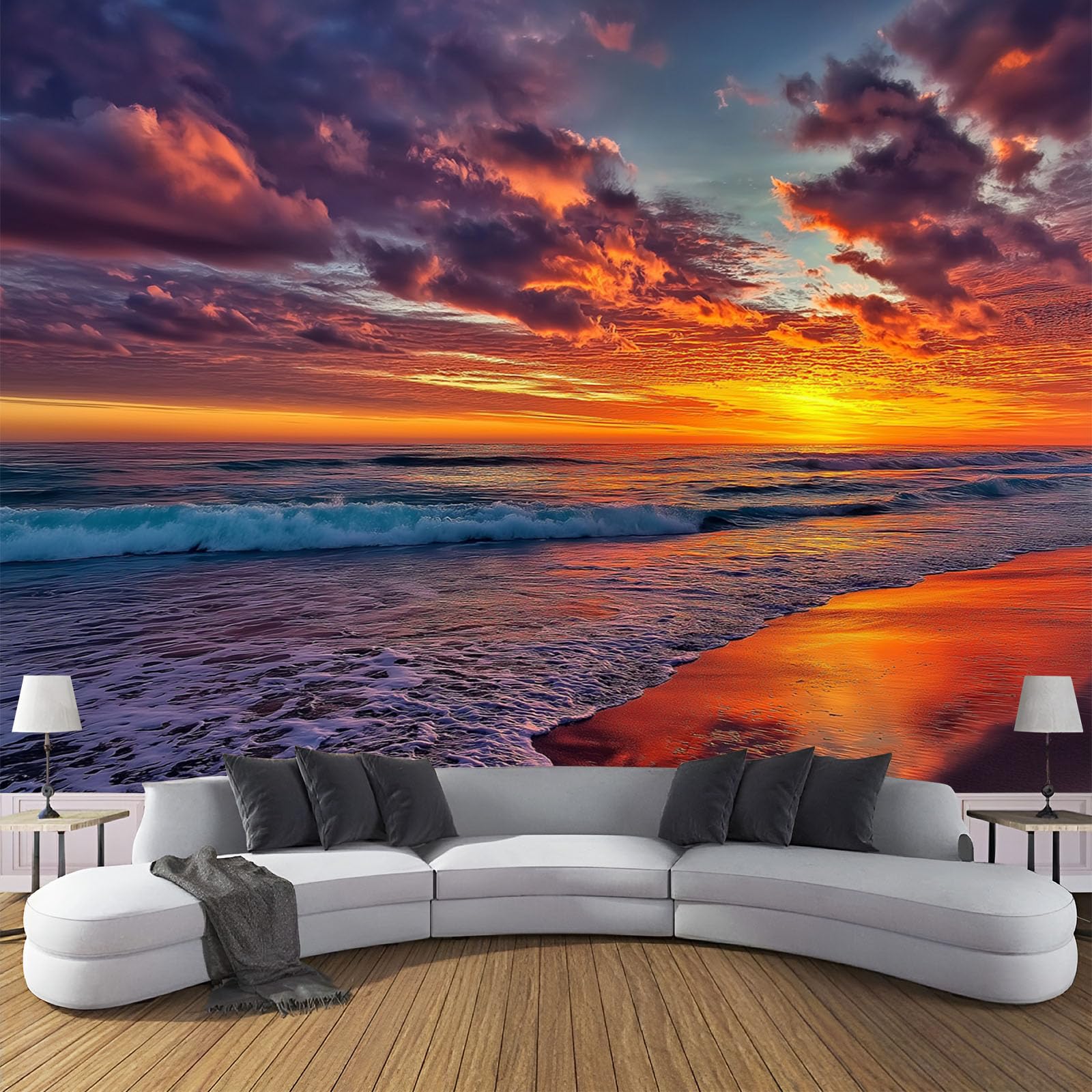 Murale da Parete 3D Paesaggio Del Tramonto Carta da Parati Fotografica,Blu Arancione Murale da Parete in Tessuto seta Poster Decorativo Tramonto Sul Mare Design 350×256cm per Soggiorno