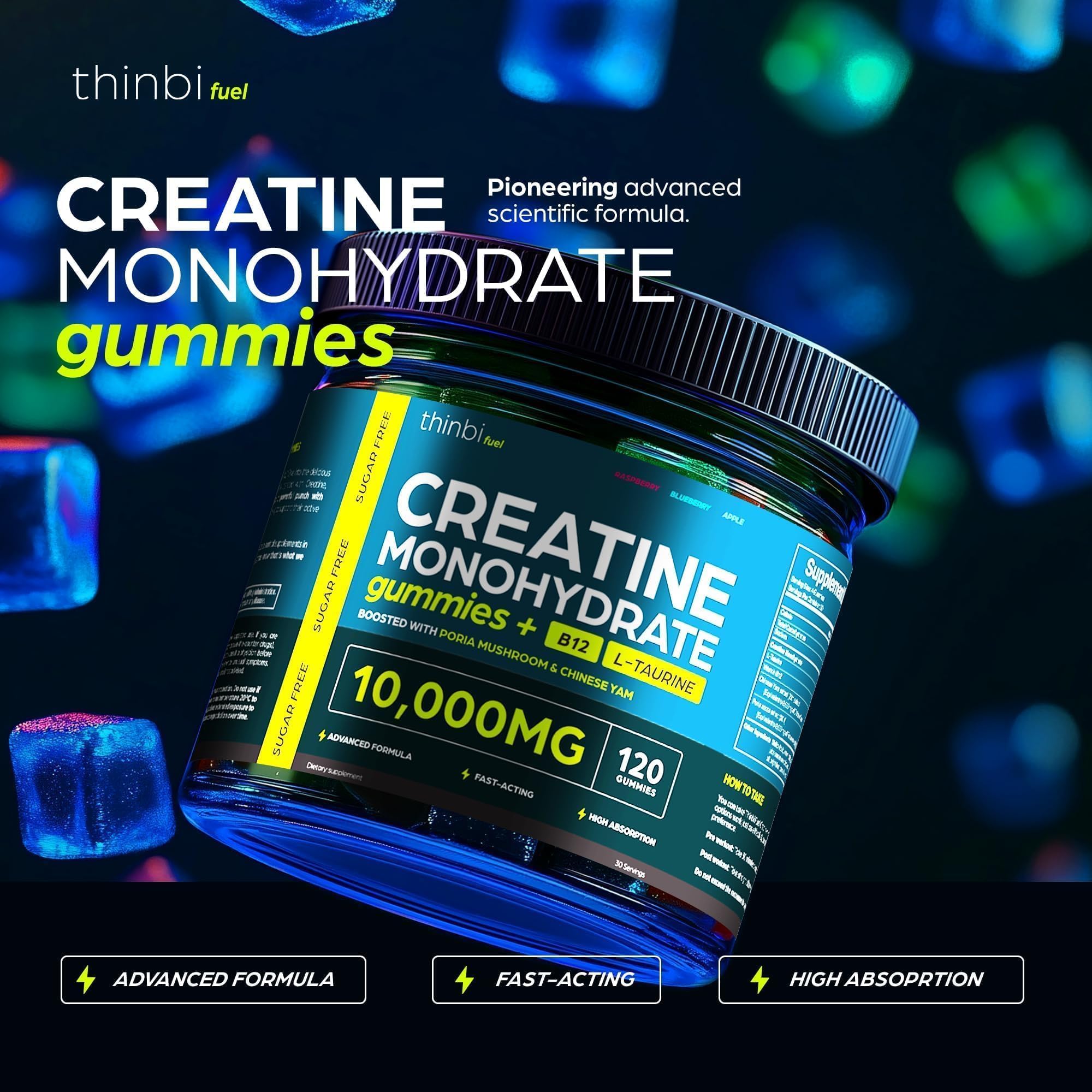Creatine Gummies Monohydrate Complex 10,000mg for Men & Women -120 Gummies Advanced Formula W/L-Taurine + Vitamin B12 for Muscle Strength, Muscle Builder, Energy Boost, Pre-Workout Supplement -Thinbi