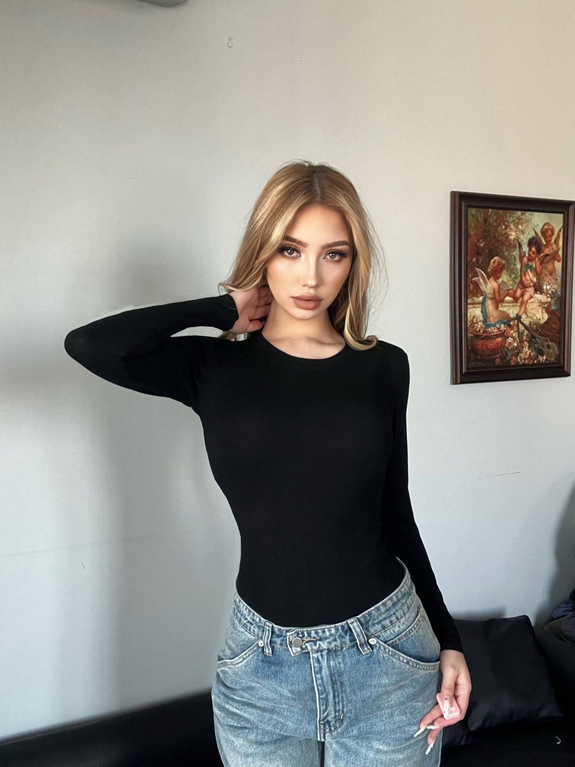 Chongbaijia Paquete de 5 mamelucos de manga larga para mujer, cuello redondo, casual, elástico, básico, camisetas