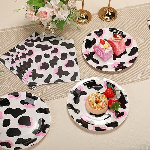 Miniatura 6 de Yaomiao 120 piezas de suministros de fiesta de vaquera vaquera, platos con estampado de vaca y servilletas para niñas y niños, decoración