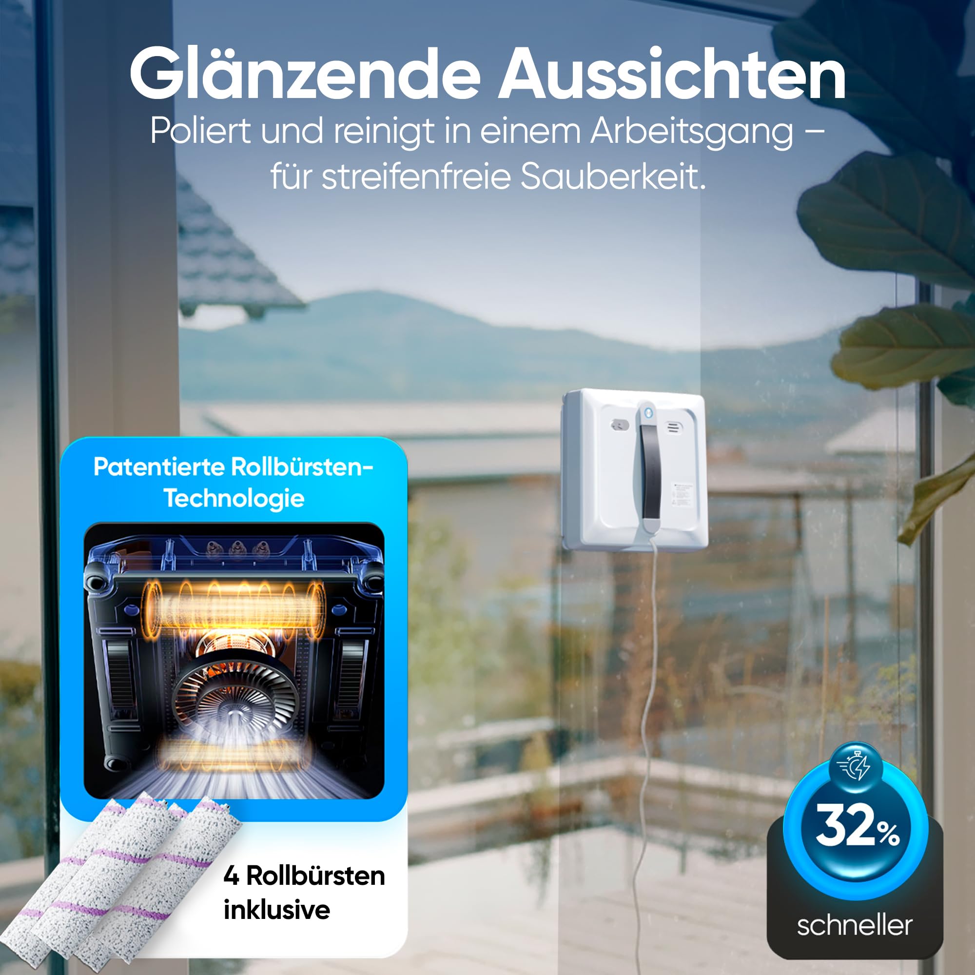 Fensterputzroboter [patentierte Rollbürsten] Fensterputzer elektrisch mit App-Steuerung [deutsch] Fensterroboter 3-Düsen Sprühfunktion & Anti-Fall-Sensoren | Winbot Roboclean Window Cleaning Robot