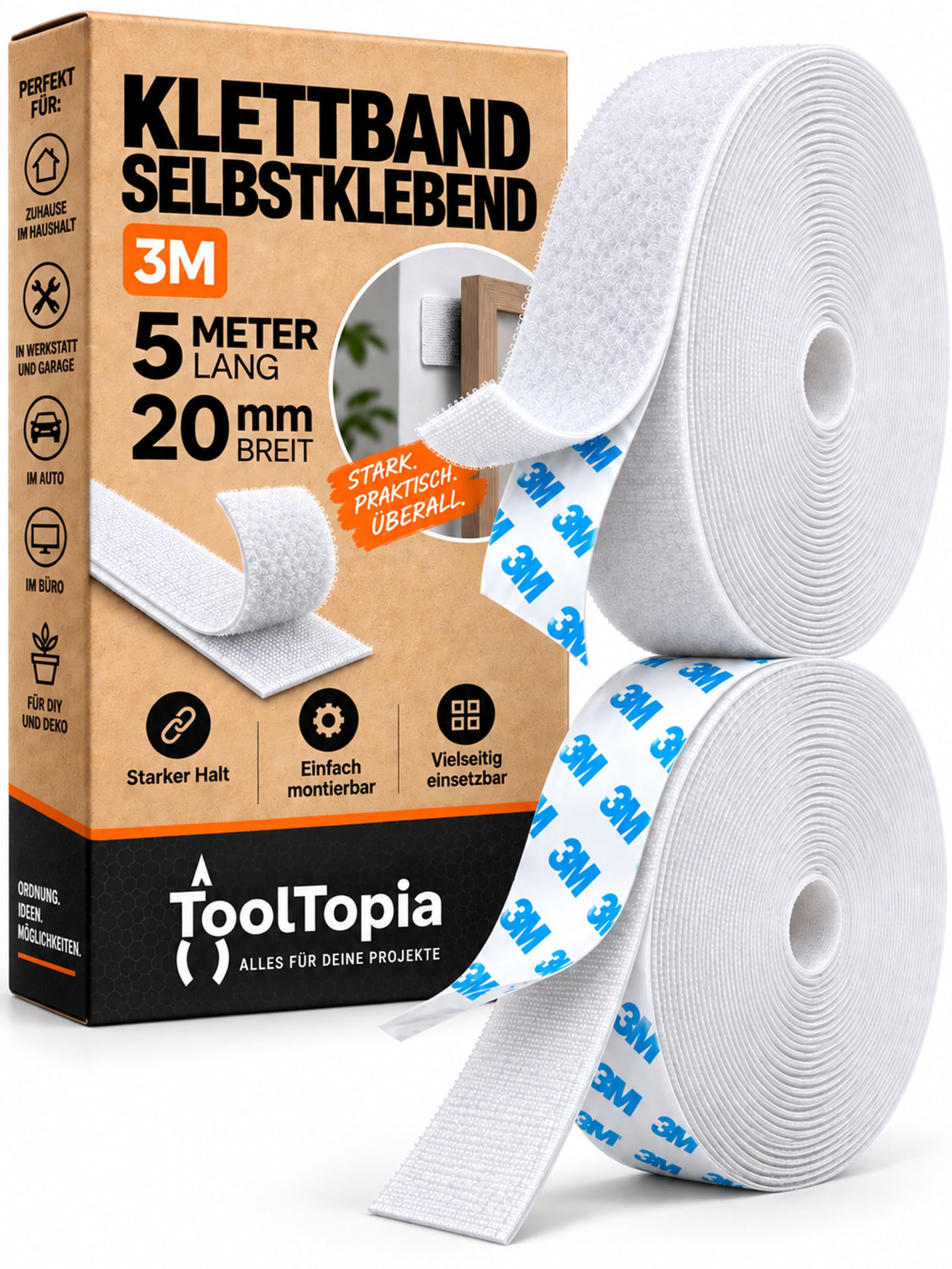 Klettband Selbstklebend Extra Stark Outdoor & Indoor 20mm x 5m weiß
