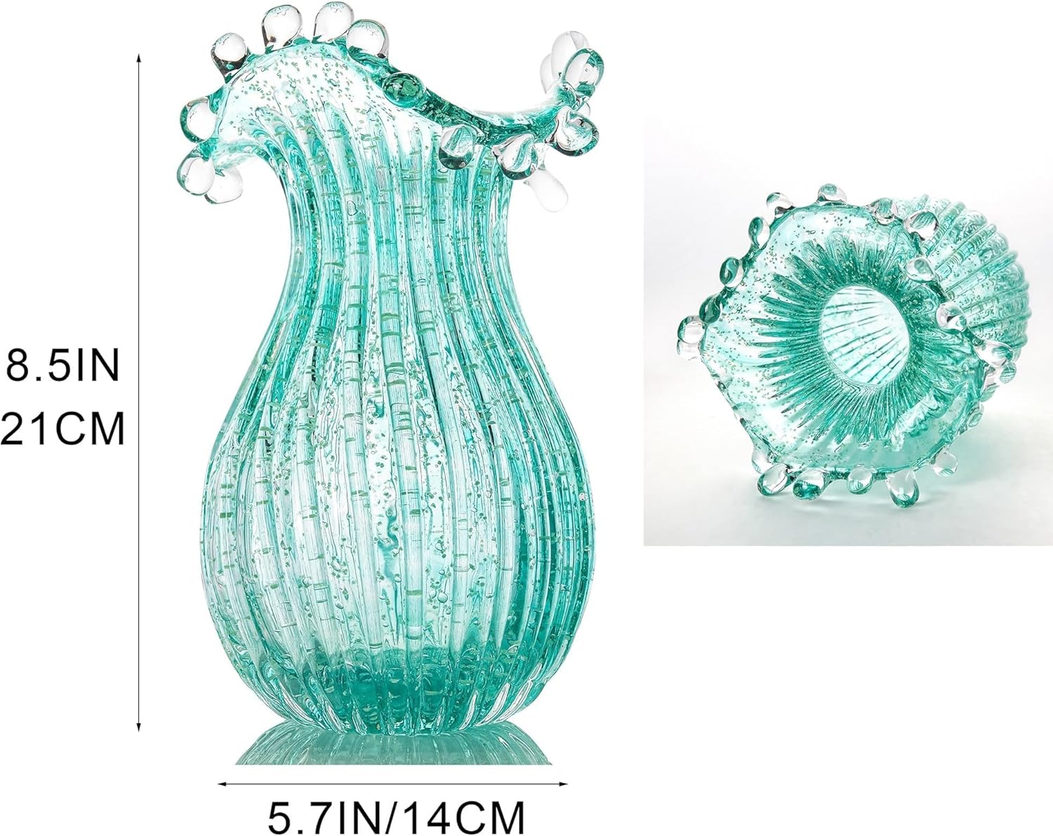 QFkris Hand Blown Glass Luminous Vase for Flowers 8" Teal Crystal Bubble Vases for Bouquet Home Decor Decorative Centerpieces Unique Gift for Birthday Housewarming Mothers Day