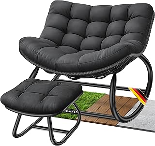 ELONEO Schaukelstuhl Outdoor XXL mit Hocker, ergonomischer Schaukelsessel mit Premium Sitzpolster für drinnen & draußen, Balkonsessel, wetterfester Loungesessel Outdoor, rutschfest, bis 120kg, Schwarz