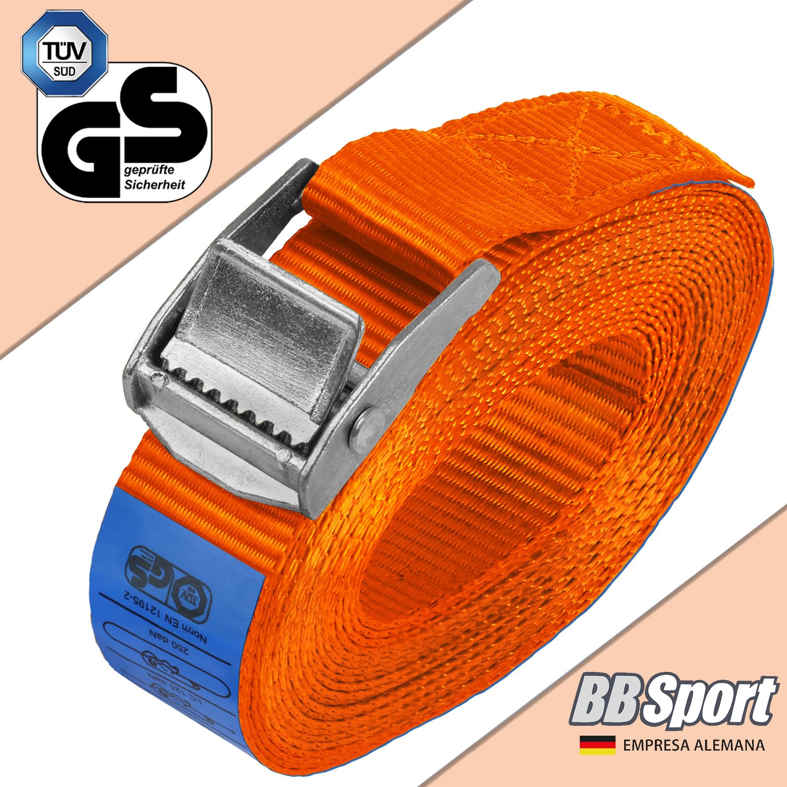 BB Sport Correa de Amarre cinturón de Amarre con Hebilla Resistente a 250 kg DIN EN 12195-2, 4 Piezas 2.5 cm x 2.5 m