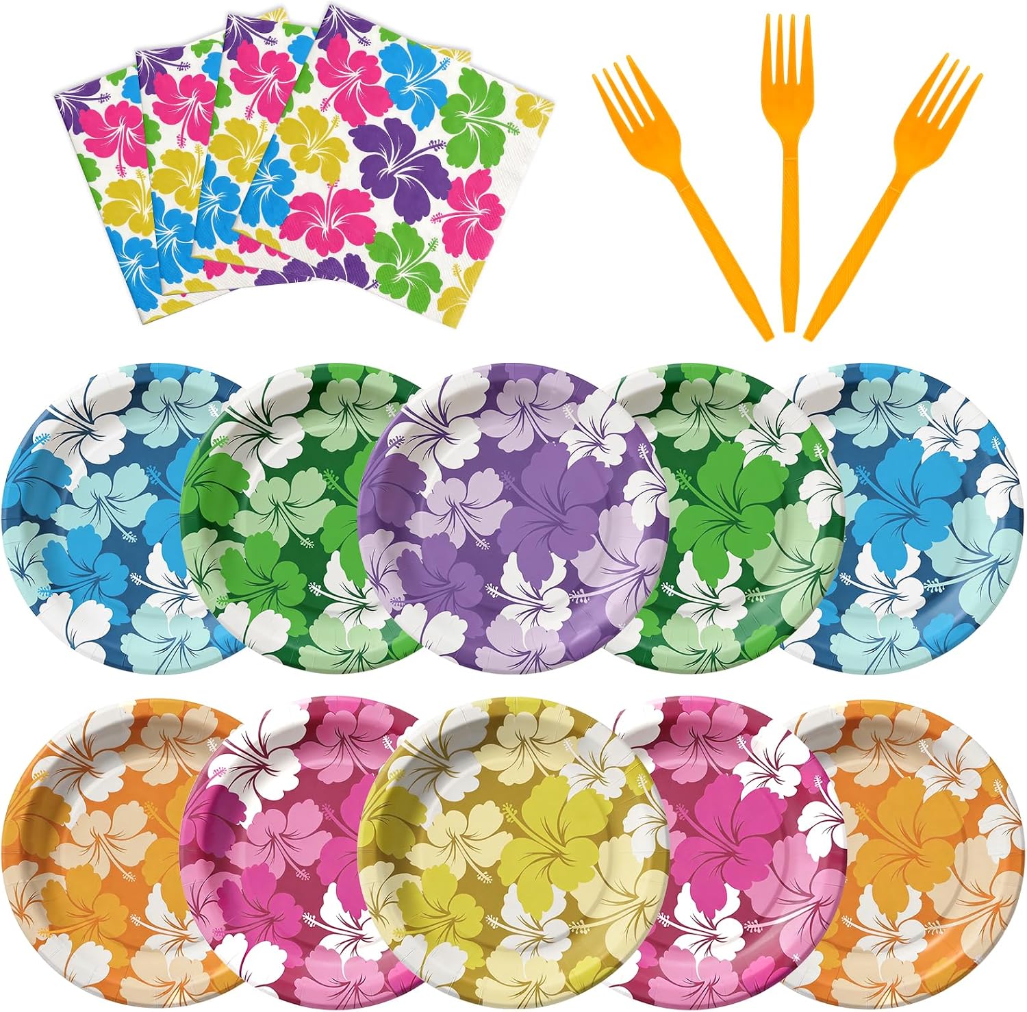 OuMuaMua 72pcs Tropical Hibiscus Party Paper Plates Set, 9 Inch Hawaiian Disposable Plates with Napkins and Forks for Summer Party Luau Table Decorations Hawaiian Pool Party Supplies, Serve 24 Guests