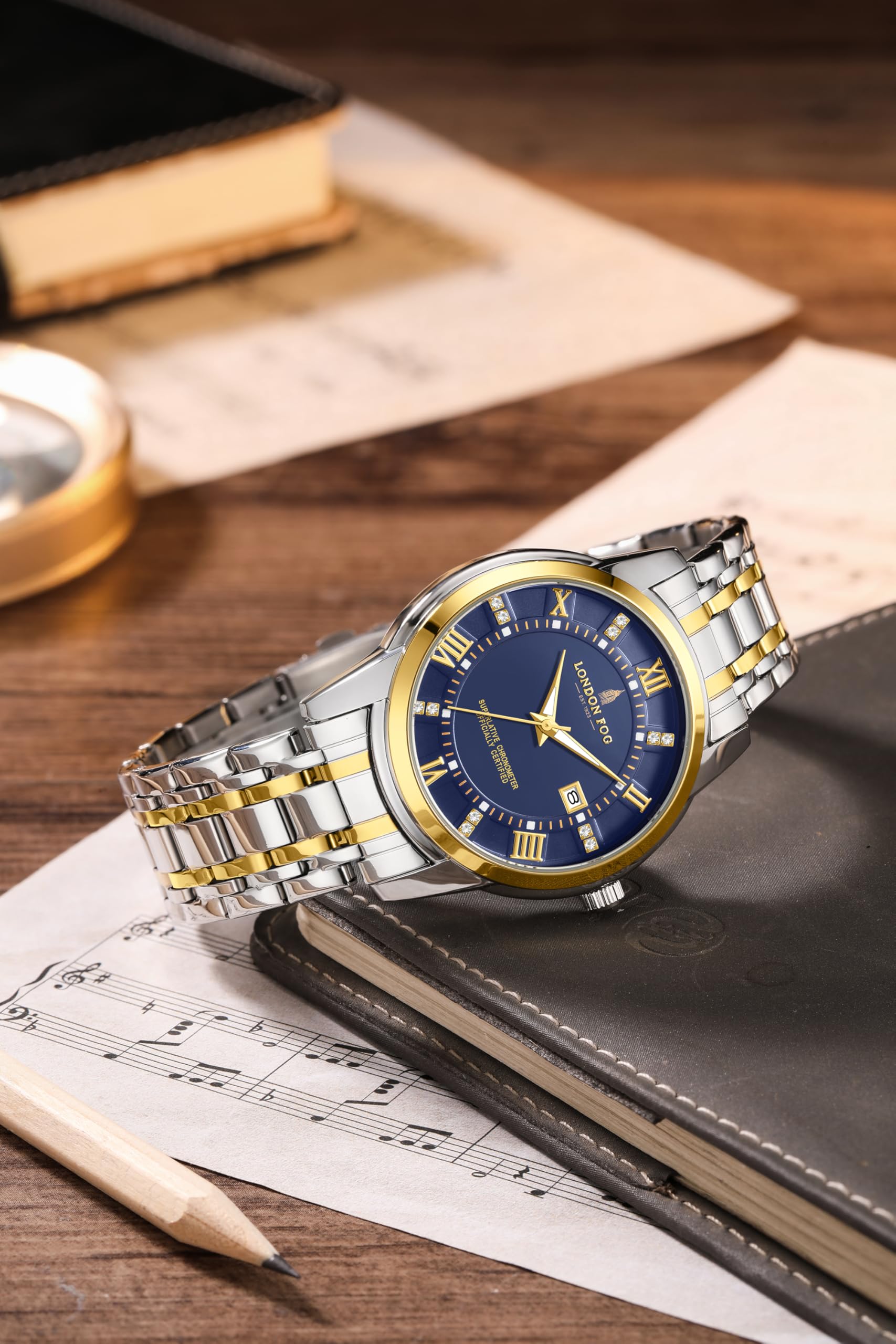London Fog Regent Collection Analog Quartz Watch for Men with Blue Dial and Two Tone Silver Gold Stainless Steel Strap, Metal Case, Date Display, Luminous Hands & Hour Markers, Water Resistant 2
