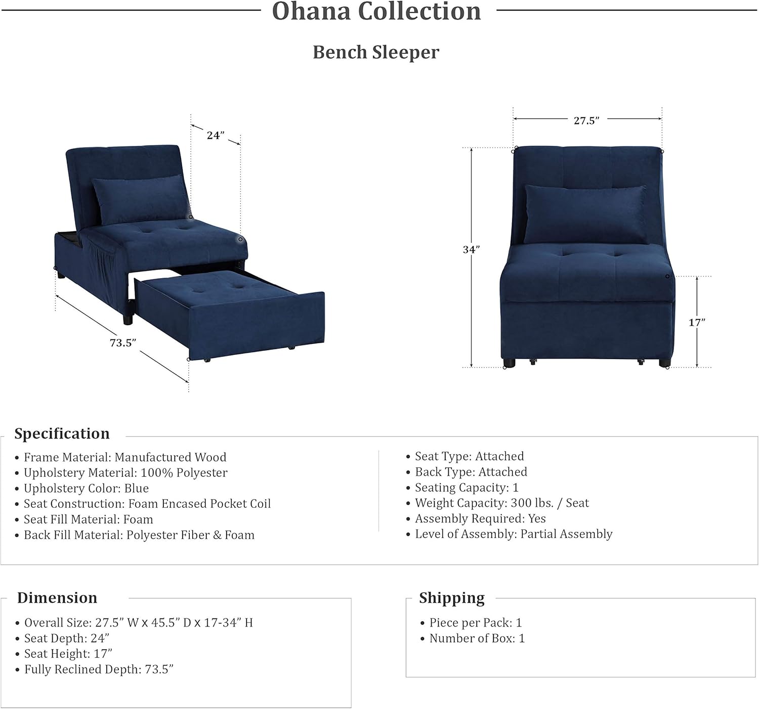 Lexicon Ohana 4-in-1 Storage Ottoman Bench Sleeper Bed, Navy Blue