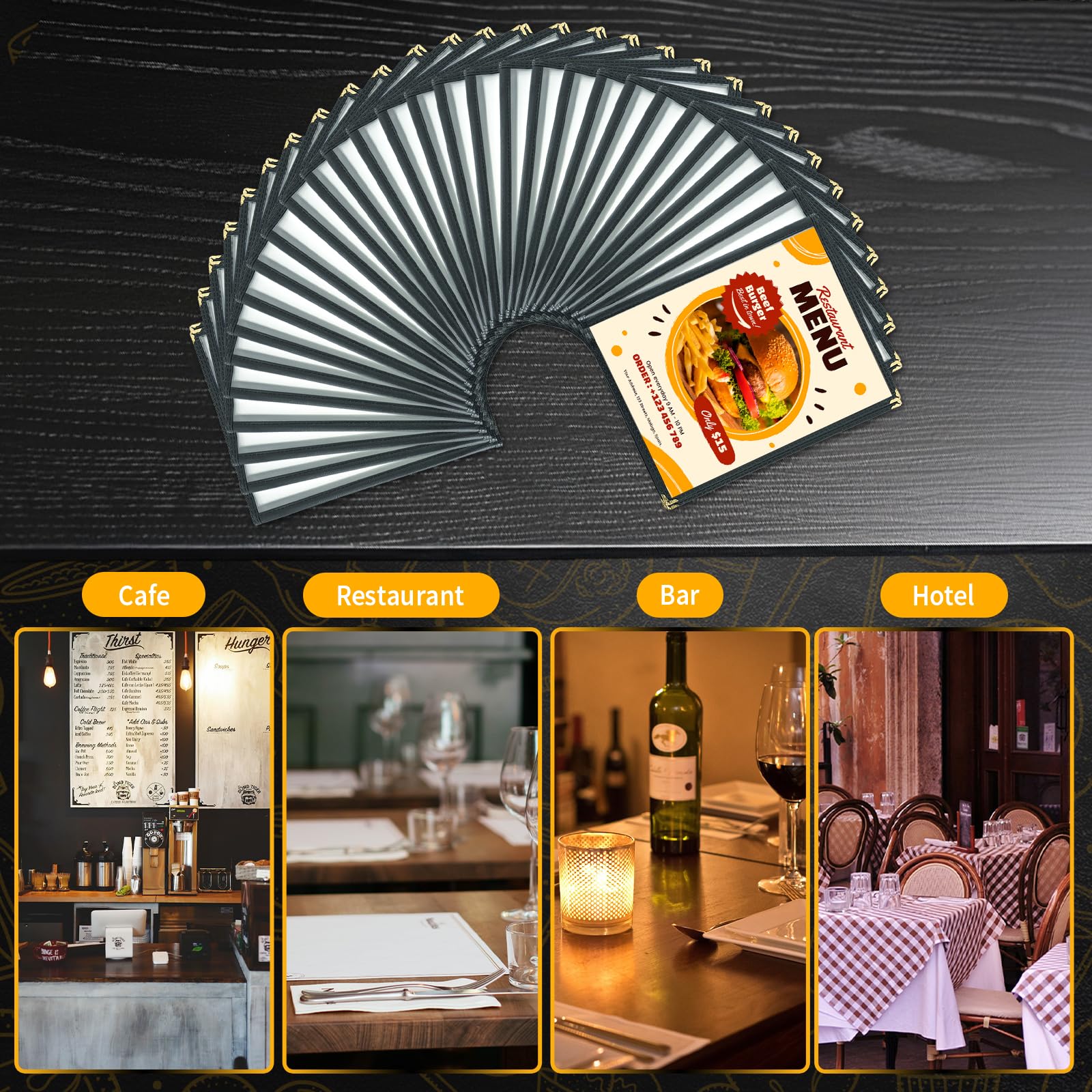 Cubiertas de menú de 8.5 x 11 pulgadas, paquete de 30 fundas transparentes para menú de restaurante para cocina, bebida, vino y menú, color negro (8.5 x 11 pulgadas (4 páginas, 8 vistas))