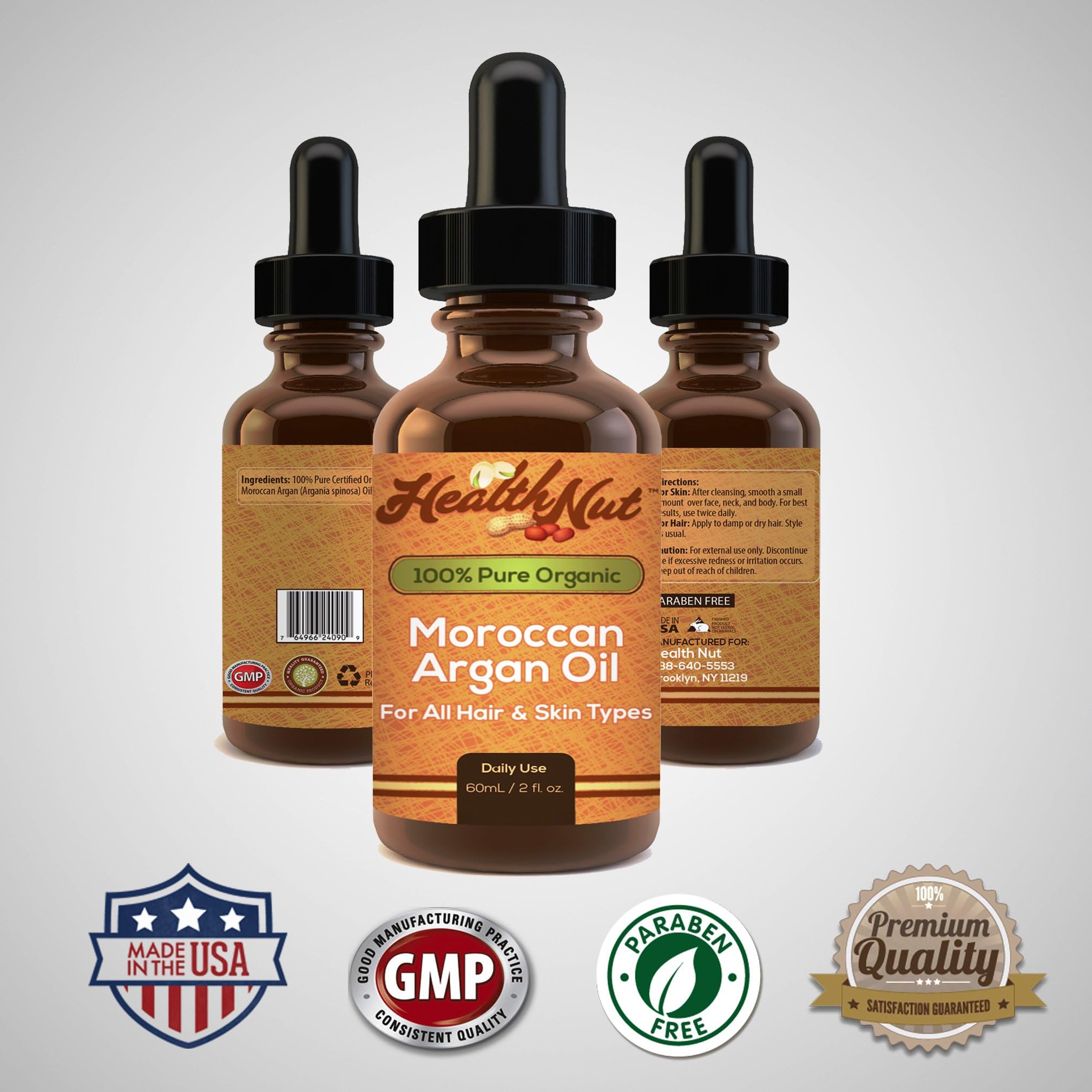 100% Organic Moroccan Argan Oil for Skin and Hair - All Natural Beauty Product for Daily Use - Bottle with Dropper 2 FL Ounce