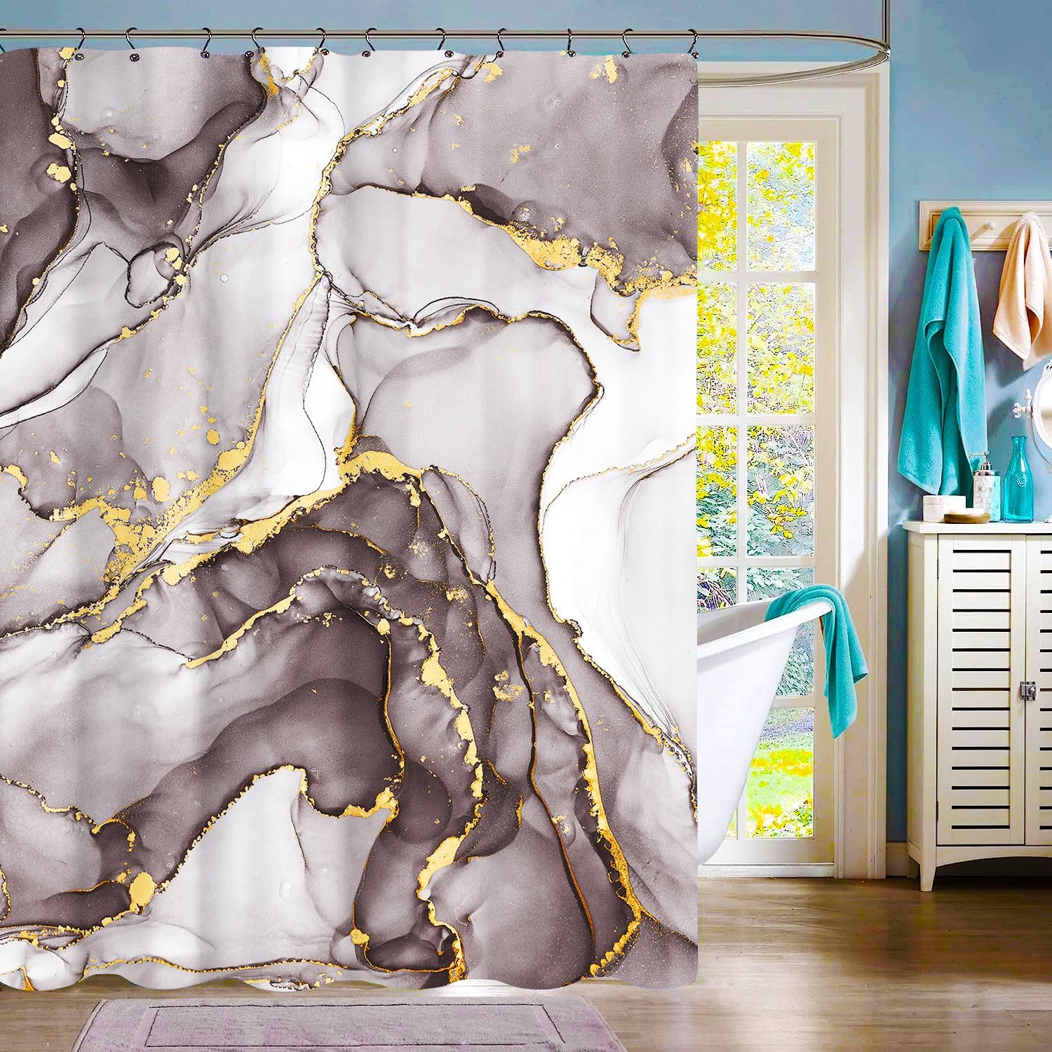 Aowbrosyne Grey Marble Fabric Shower Curtain,Abstract