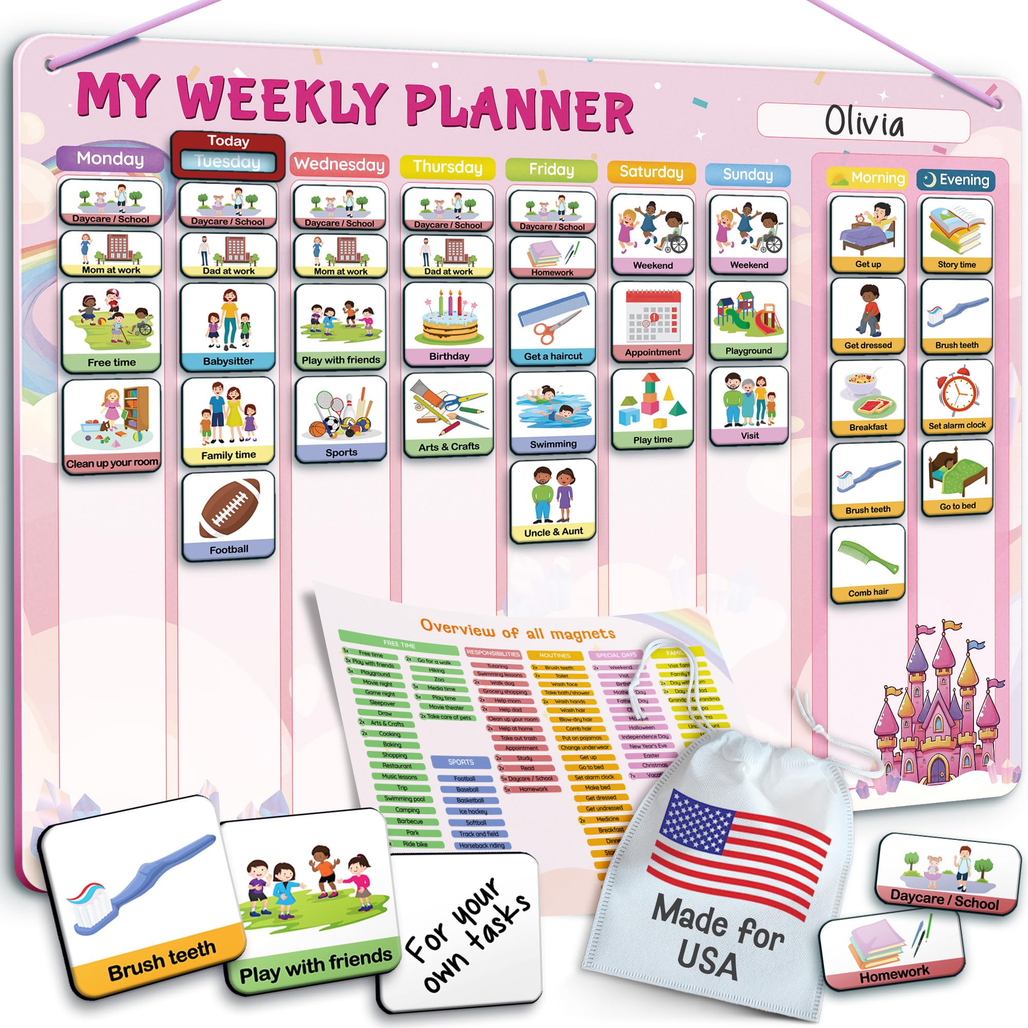 LIKARTO Visual Schedule for Kids - 2-in-1 Weekly + Daily Schedule - Magnetic Schedule with 188 Magnets and Magnetic Backing - Chore Chart Kids -