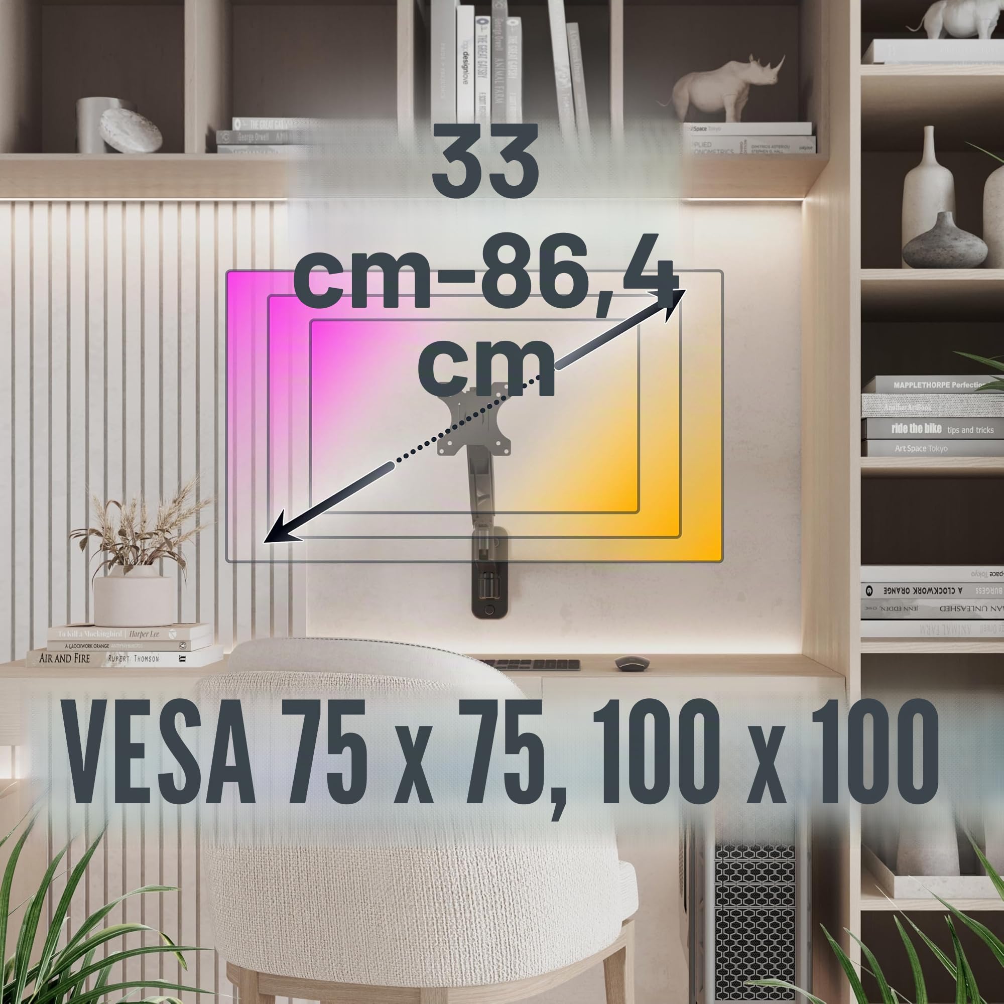 RICOO S4511 Support Mural Écran PC TV 13 17 19 22 24 27 28 32 34 Pouces VESA 75x75 100x100 Orientable Inclinable Rotatif Universel Fixation Murale TV QLED OLED LED LCD Écran incurvé