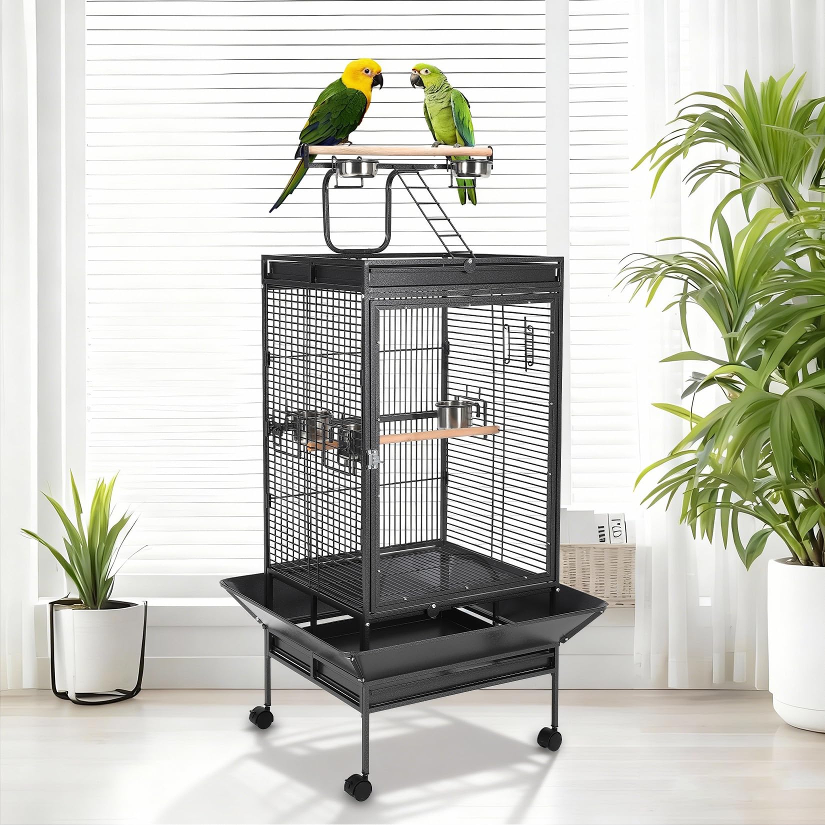 TrailBlaze 68" Heavy-Duty Metal Parrot Cage with Rolling Stand – Acrylic Door, Perches, Stainless Steel Bowls, Slide-Out Tray – Secure Bird Aviary for Cockatiels, Parakeets, Macaws, Cockatoos, African