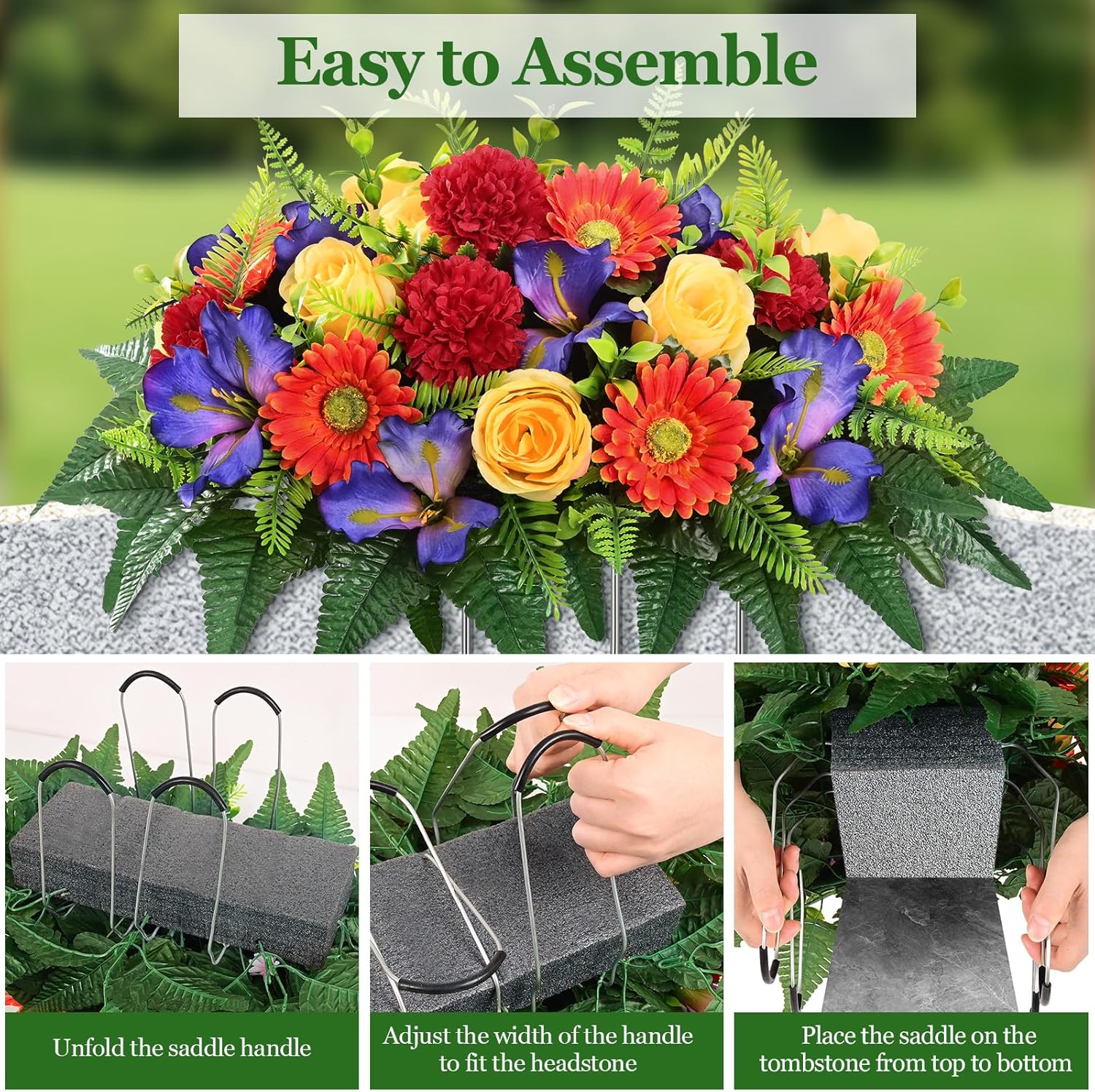 Yastouay 3 Sets Artificial Cemetery Flowers for Grave, Realistic Headstone Flower Saddle, UV Resistant Memorial Day Flowers, Mixed Blooms Grave Decorations for Cemetery (Colorful)