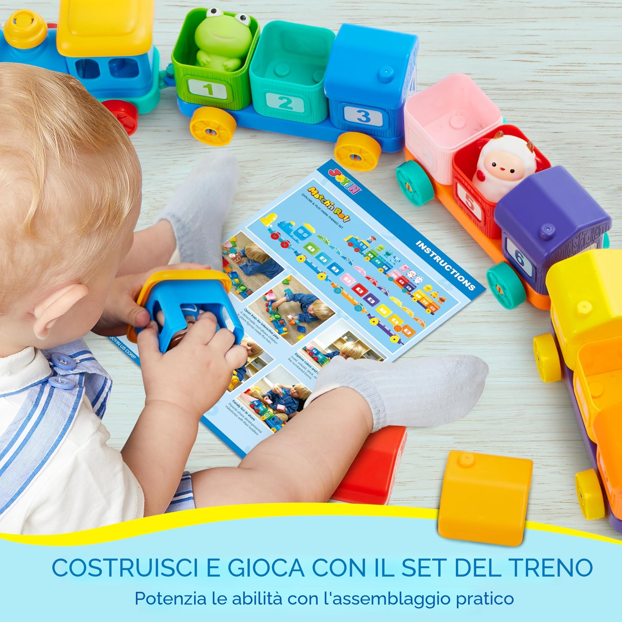 Play-Act Giocattolo Montessori, Treno Giocattolo Animali della Fattoria, Giochi Componibili con Conteggio, Abbinamento e Ordinamento, con 9 Animali e 1 Contadino,Gioco Educativo per Bambini 1-3 Anni